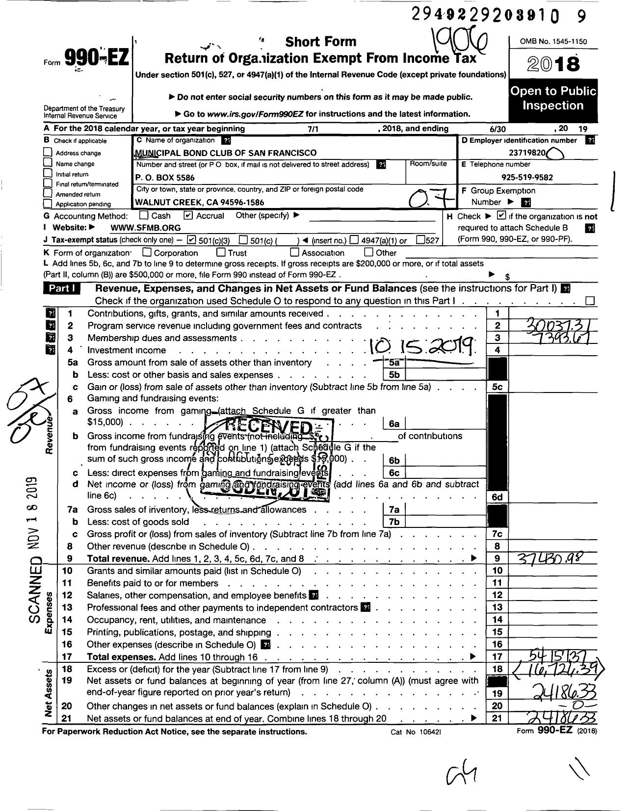 Image of first page of 2018 Form 990EO for Municipal Bond Club of San Francisco