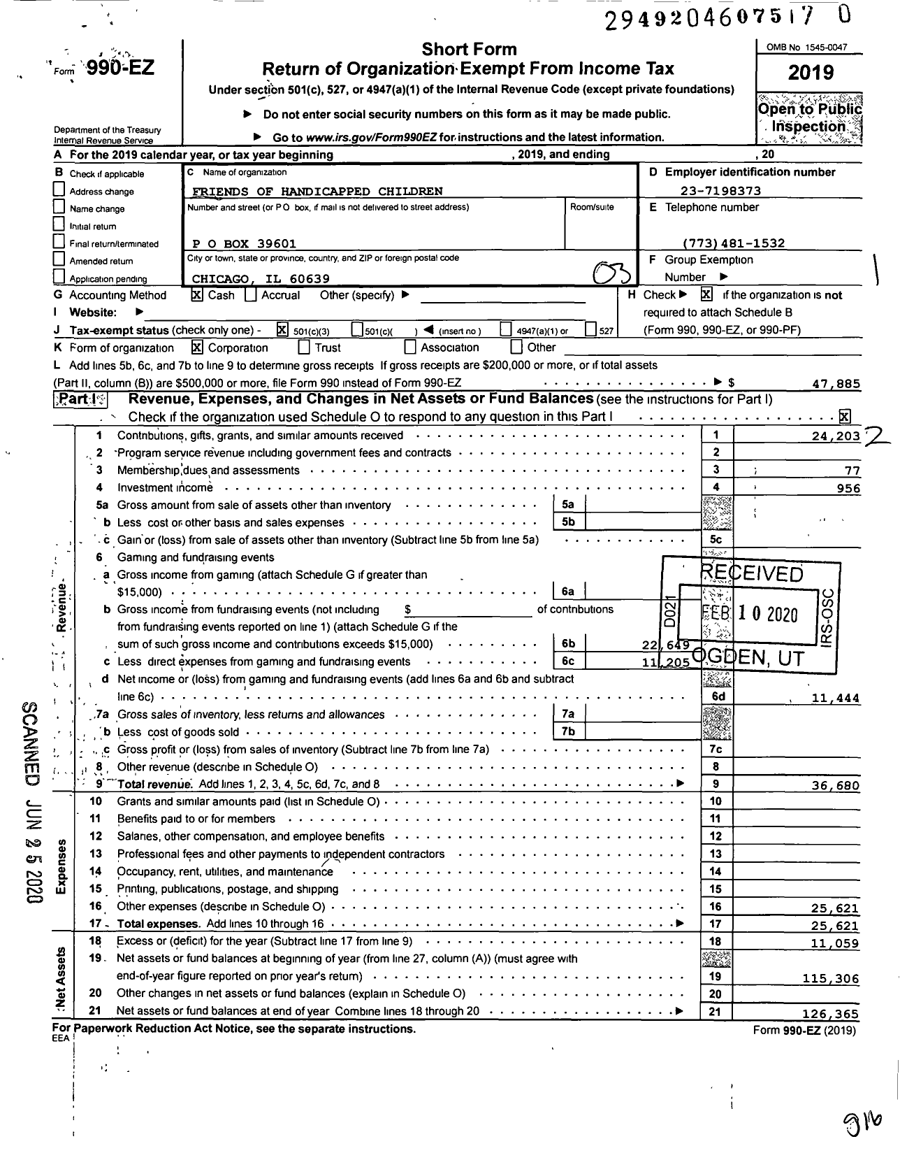 Image of first page of 2019 Form 990EZ for Friends of Handicapped Children