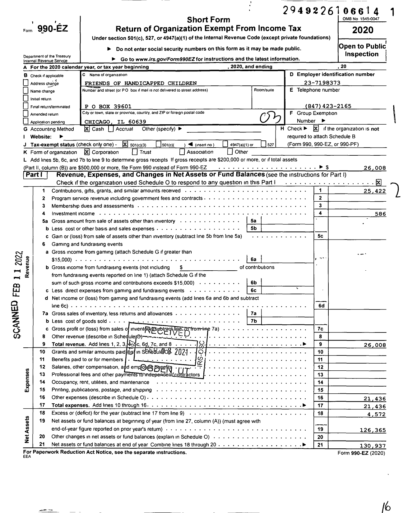 Image of first page of 2020 Form 990EZ for Friends of Handicapped Children