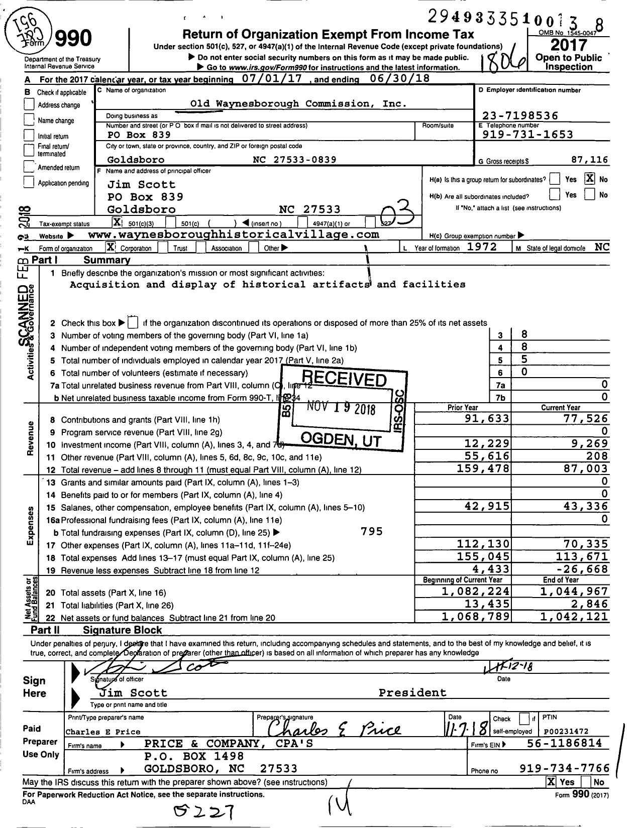 Image of first page of 2017 Form 990 for Old Waynesborough Commission