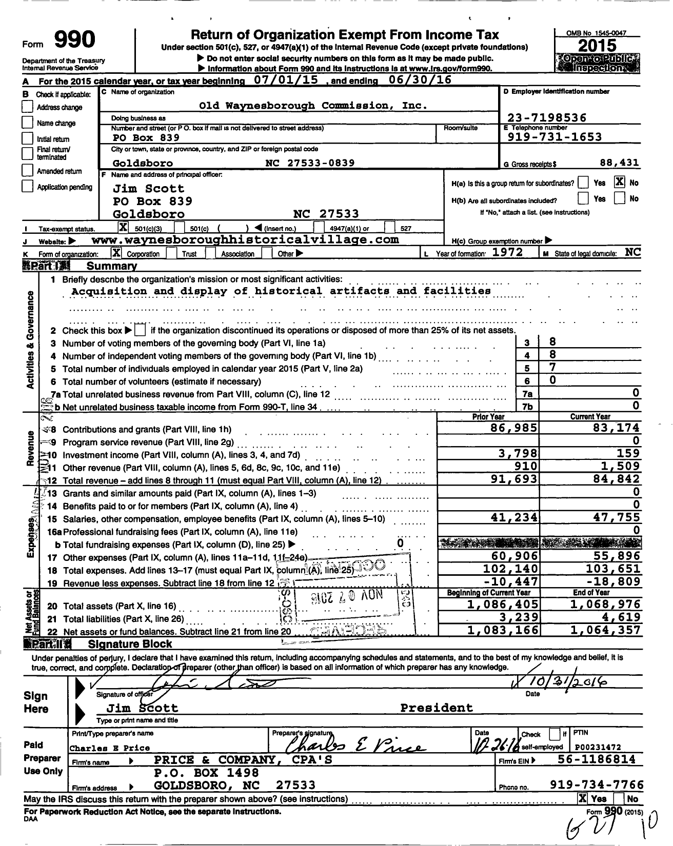 Image of first page of 2015 Form 990 for Old Waynesborough Commission