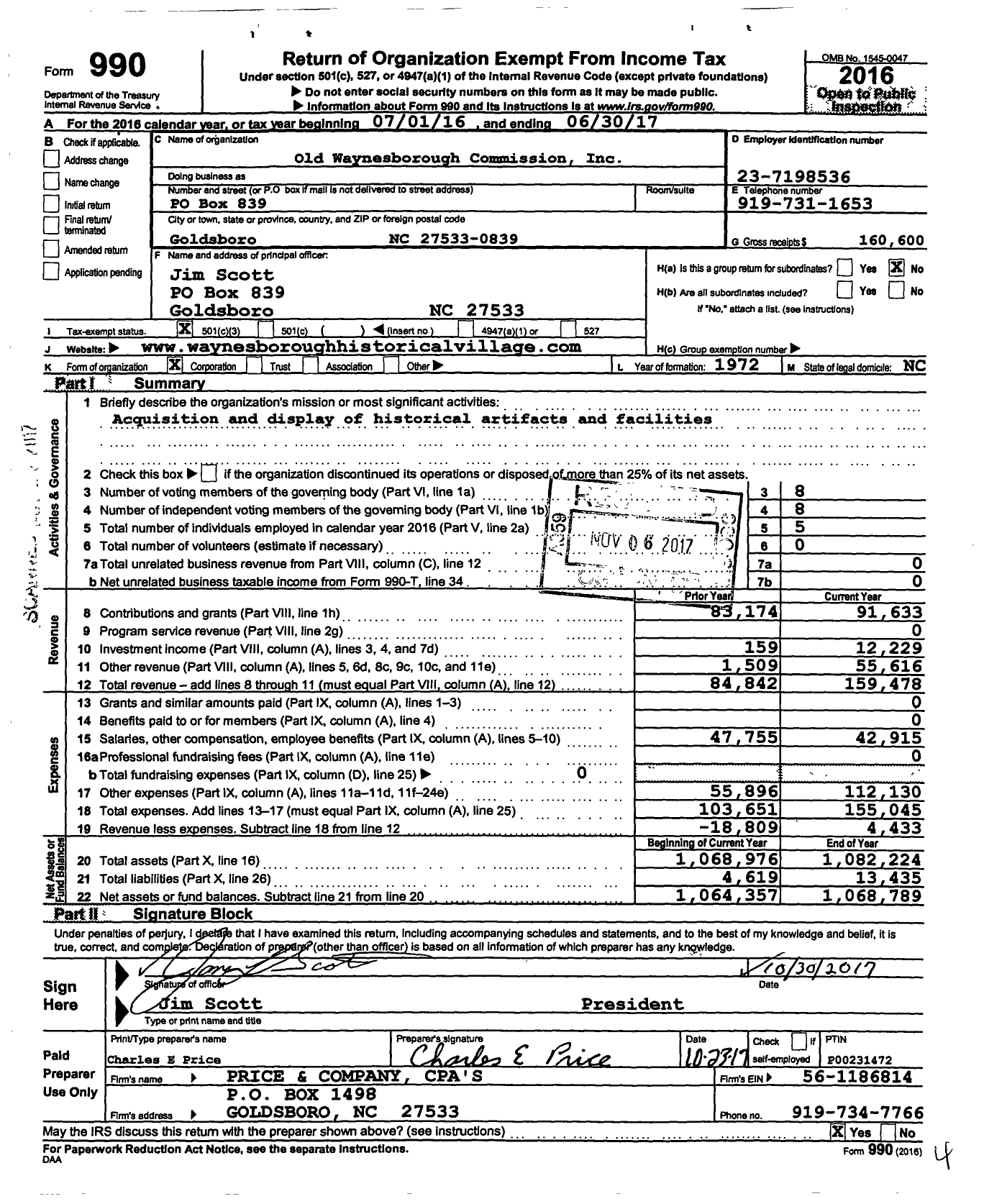 Image of first page of 2016 Form 990 for Old Waynesborough Commission