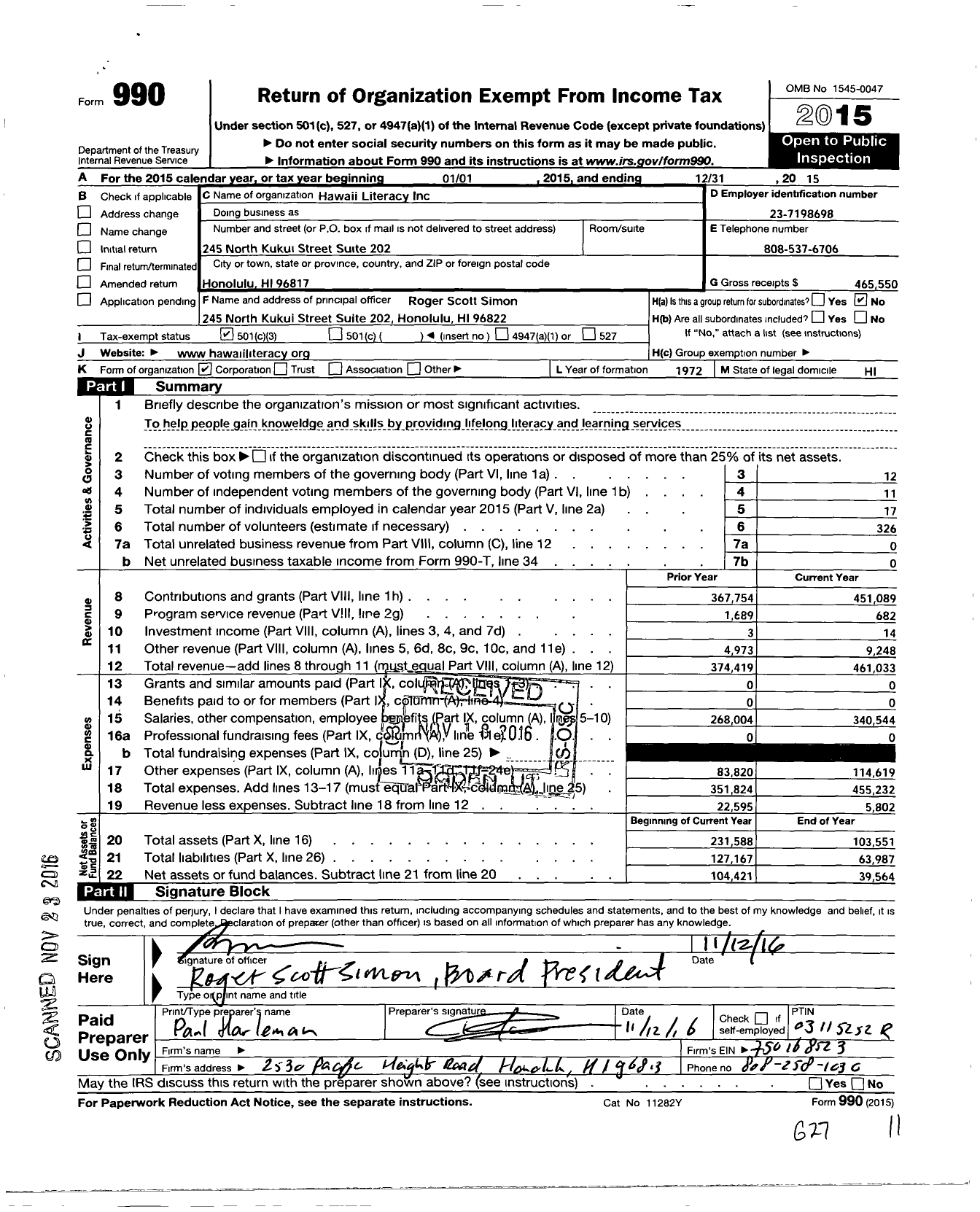 Image of first page of 2015 Form 990 for Hawaii Literacy