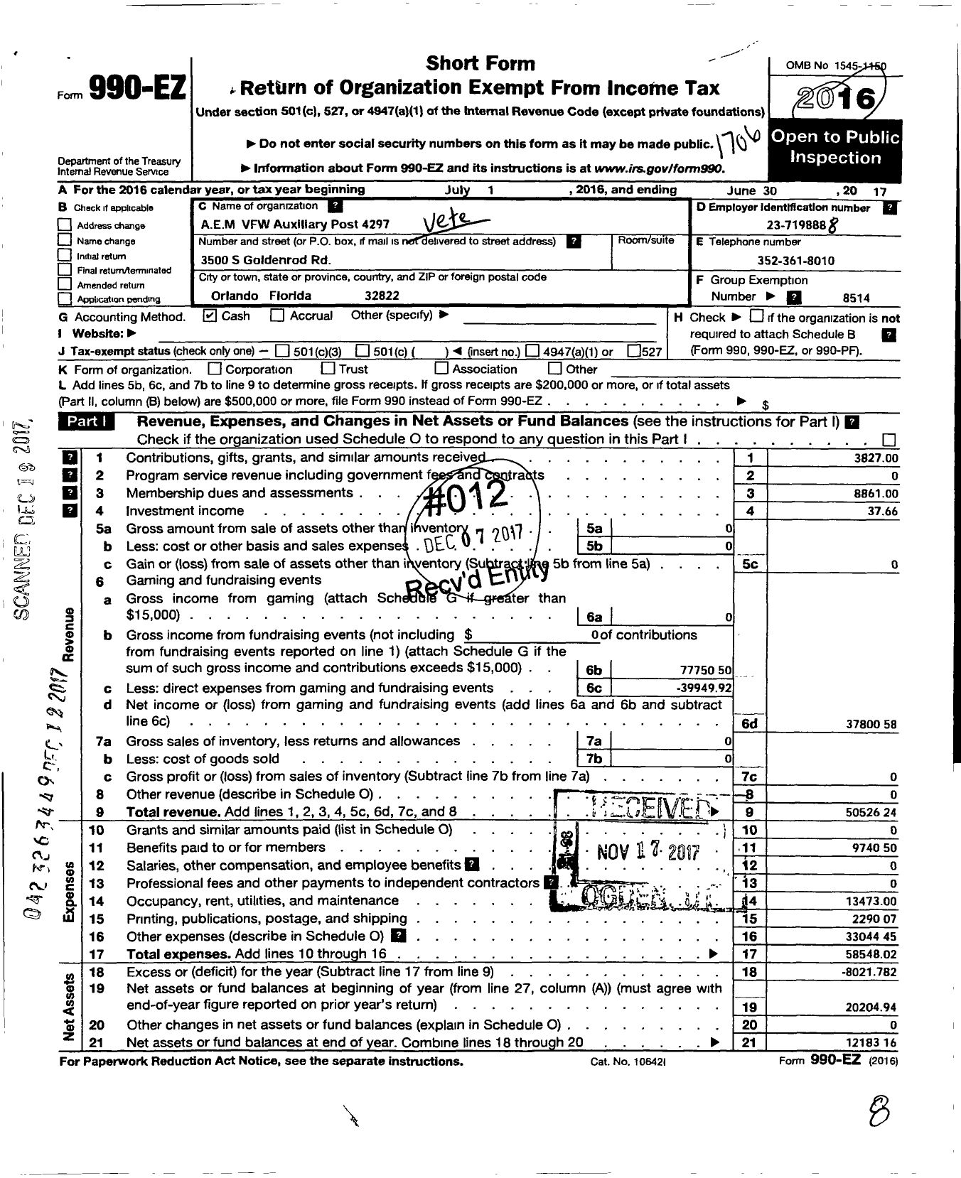 Image of first page of 2016 Form 990EO for Veterans of Foreign Wars of the Us Dept of Florida Auxiliary - 4287 A-E-M Auxiliary