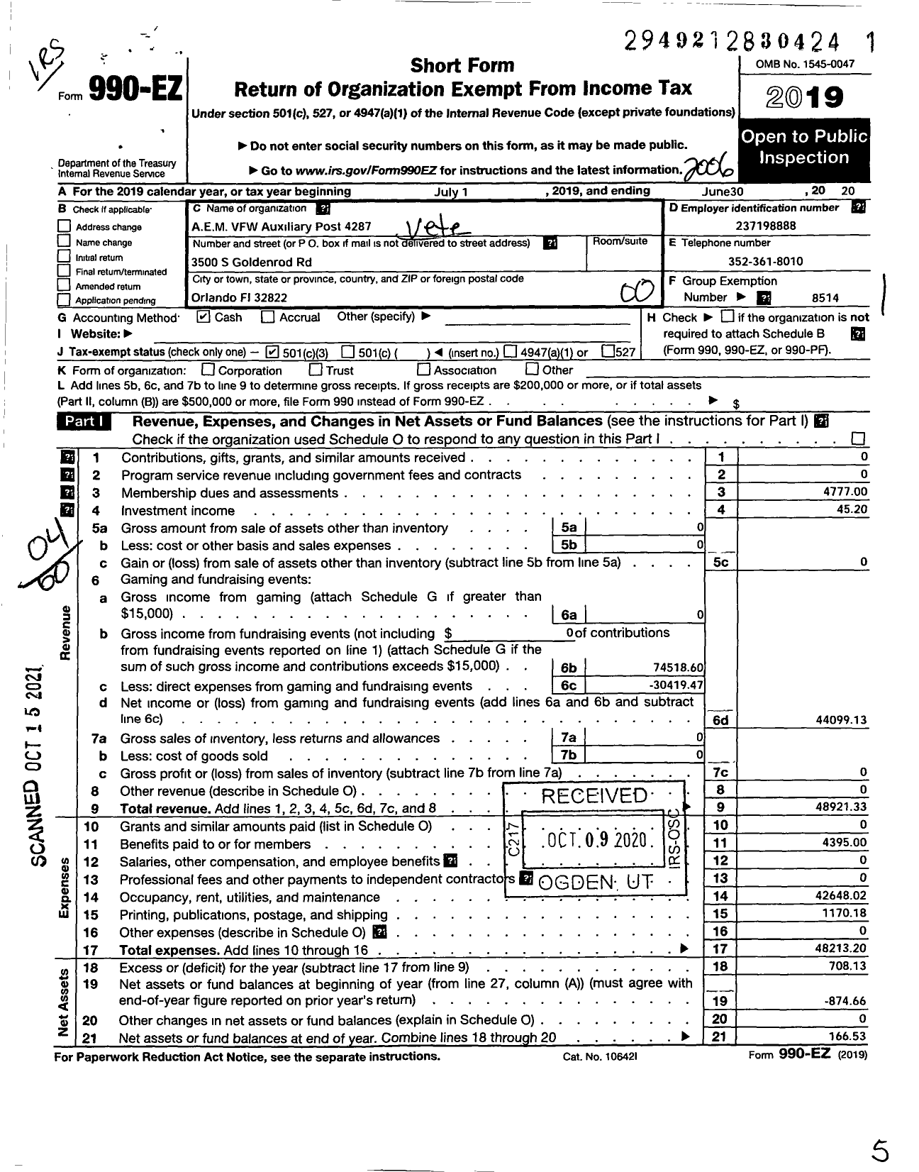 Image of first page of 2019 Form 990EO for Veterans of Foreign Wars of the Us Dept of Florida Auxiliary - 4287 A-E-M Auxiliary