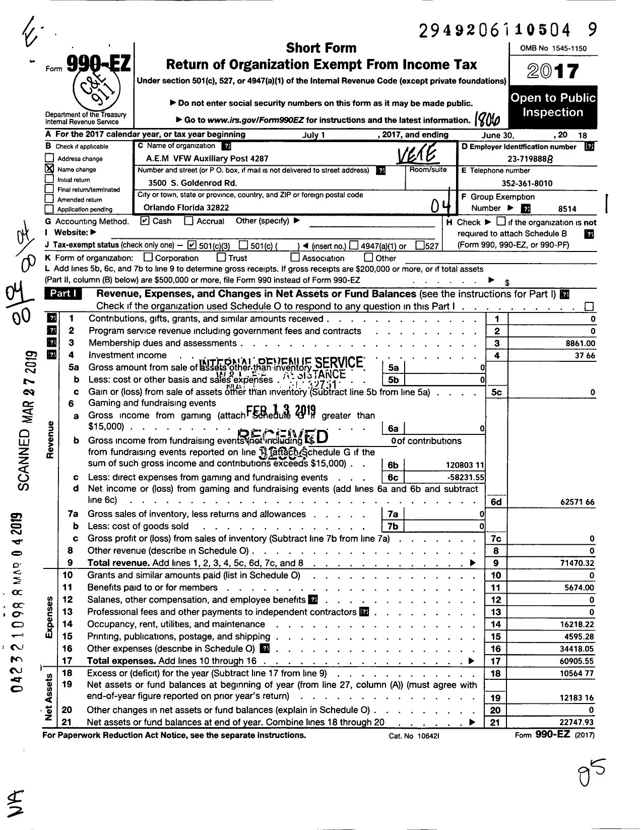 Image of first page of 2017 Form 990EO for Veterans of Foreign Wars of the Us Dept of Florida Auxiliary - 4287 A-E-M Auxiliary
