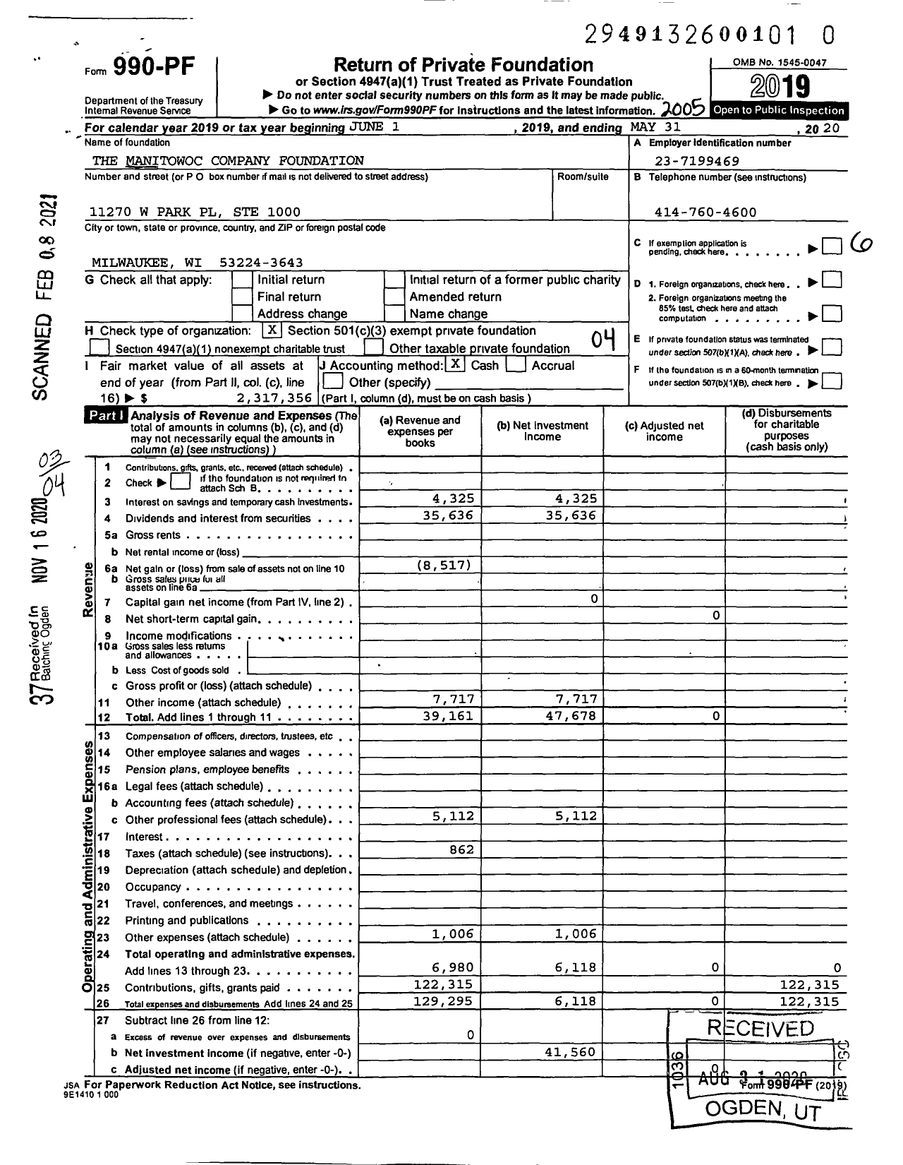 Image of first page of 2019 Form 990PF for The Manitowoc Company Foundation