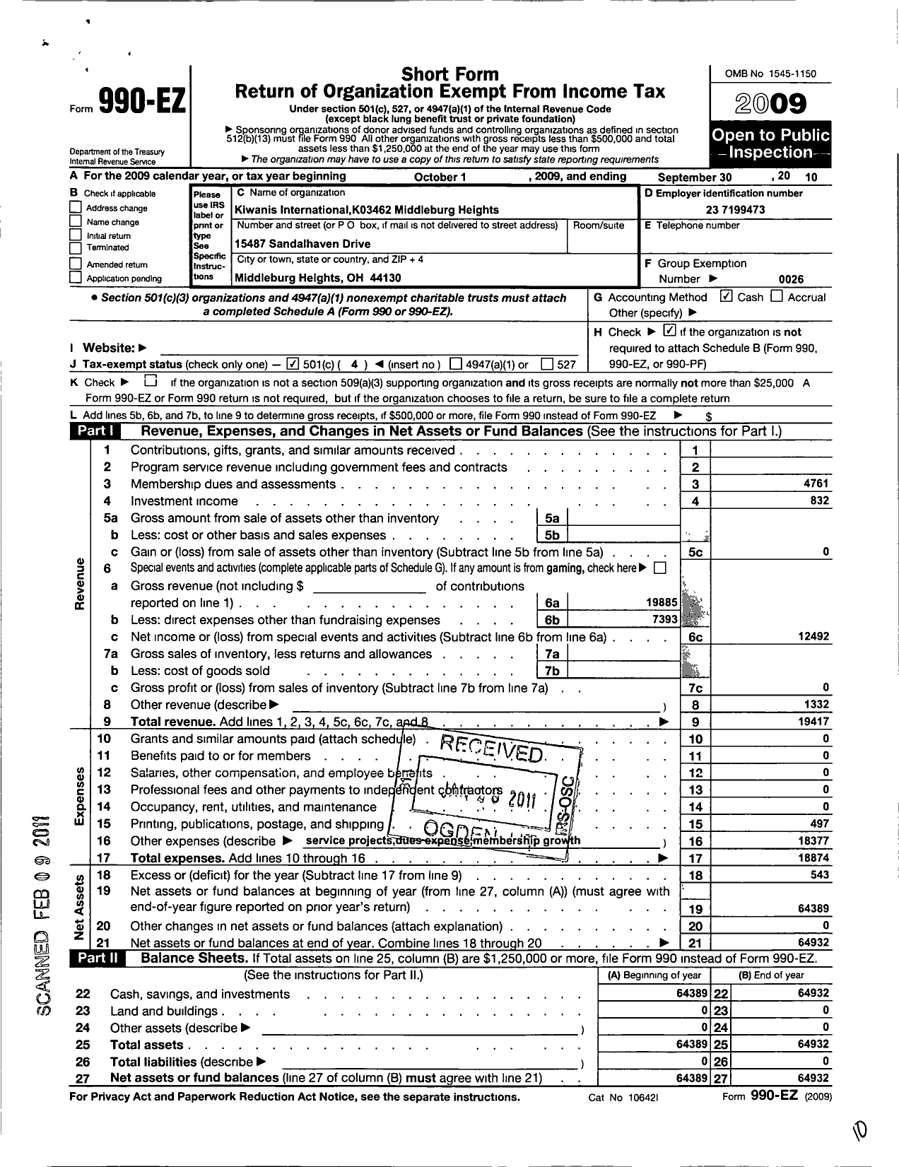 Image of first page of 2009 Form 990EO for Kiwanis International - K03462 Middleburg HTS