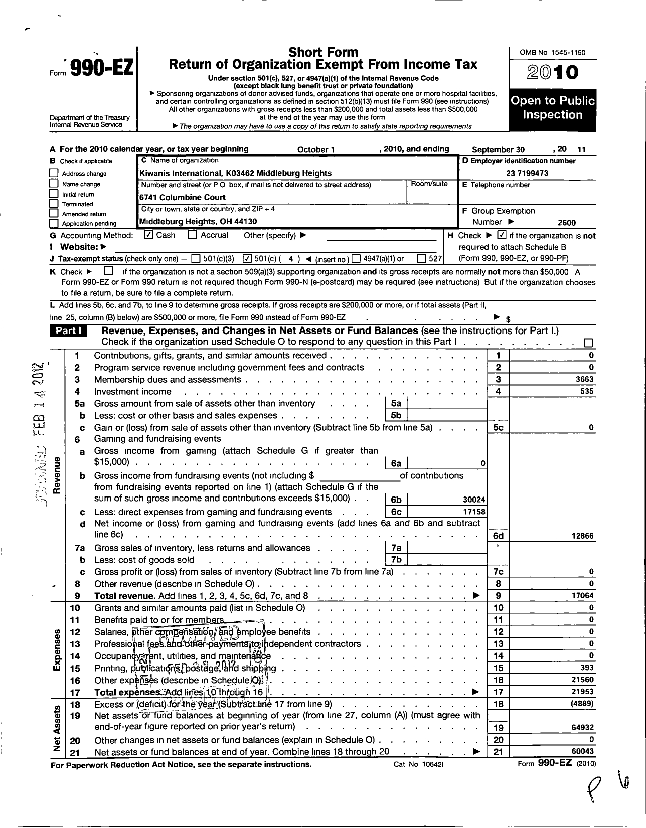 Image of first page of 2010 Form 990EO for Kiwanis International - K03462 Middleburg HTS