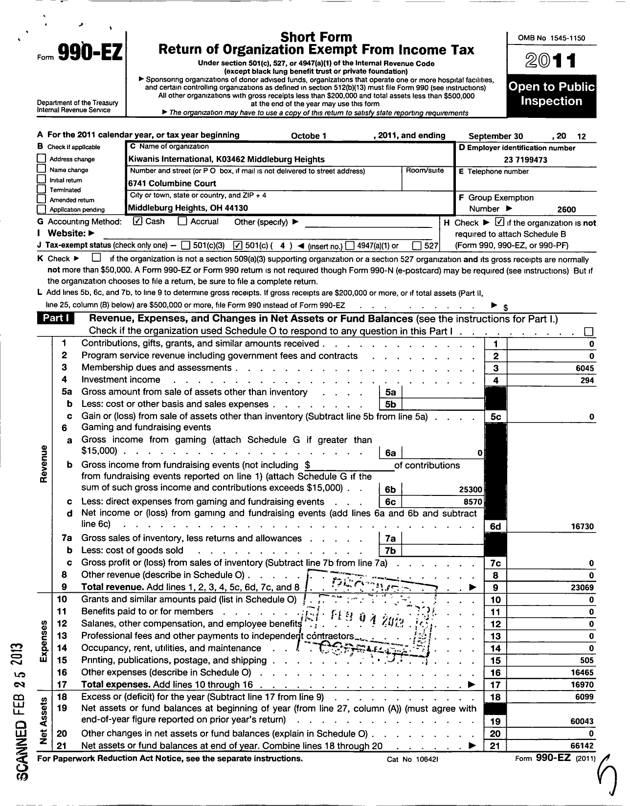 Image of first page of 2011 Form 990EO for Kiwanis International - K03462 Middleburg HTS