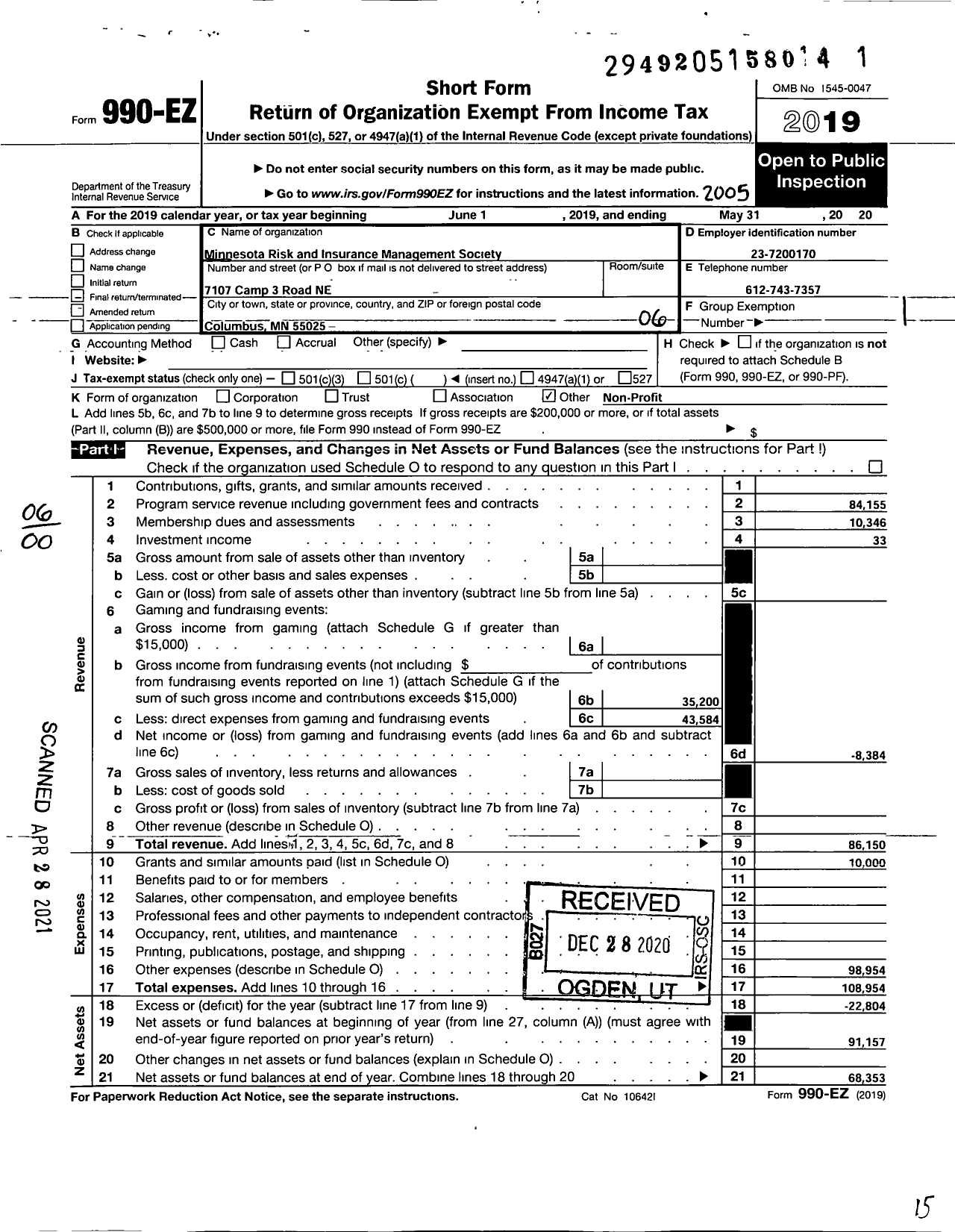 Image of first page of 2019 Form 990EO for Minnesota Risk and Insurance Management Society