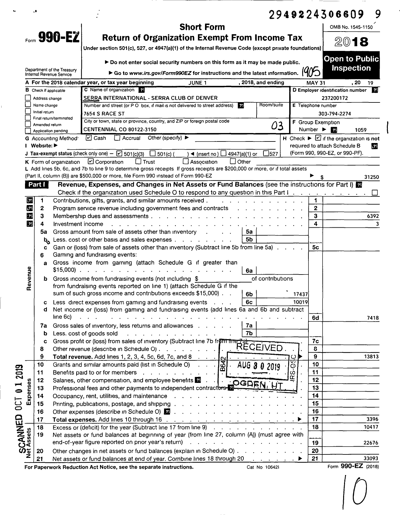 Image of first page of 2018 Form 990EZ for Serra International - 50 Denver Serra Club