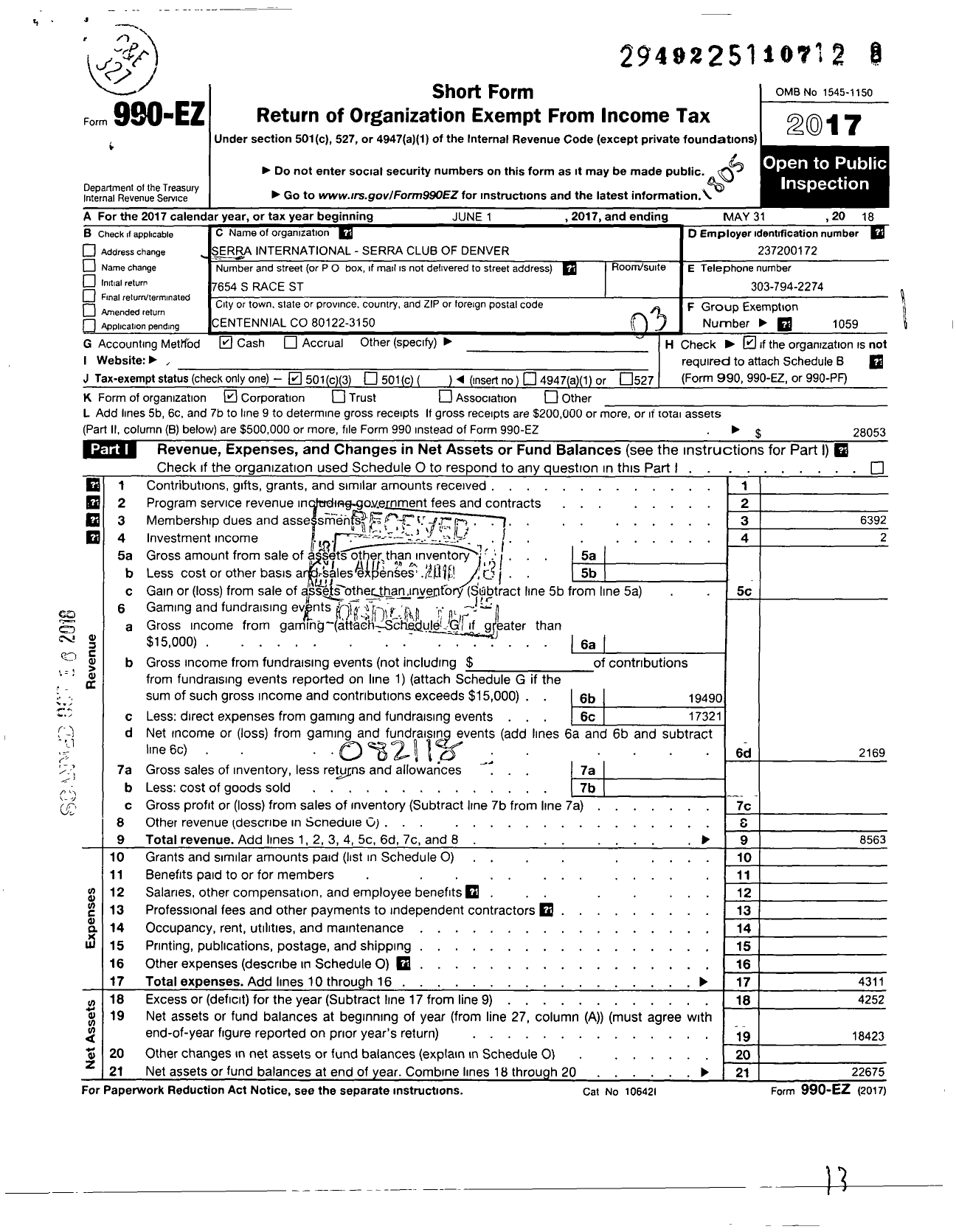 Image of first page of 2017 Form 990EZ for Serra International - 50 Denver Serra Club