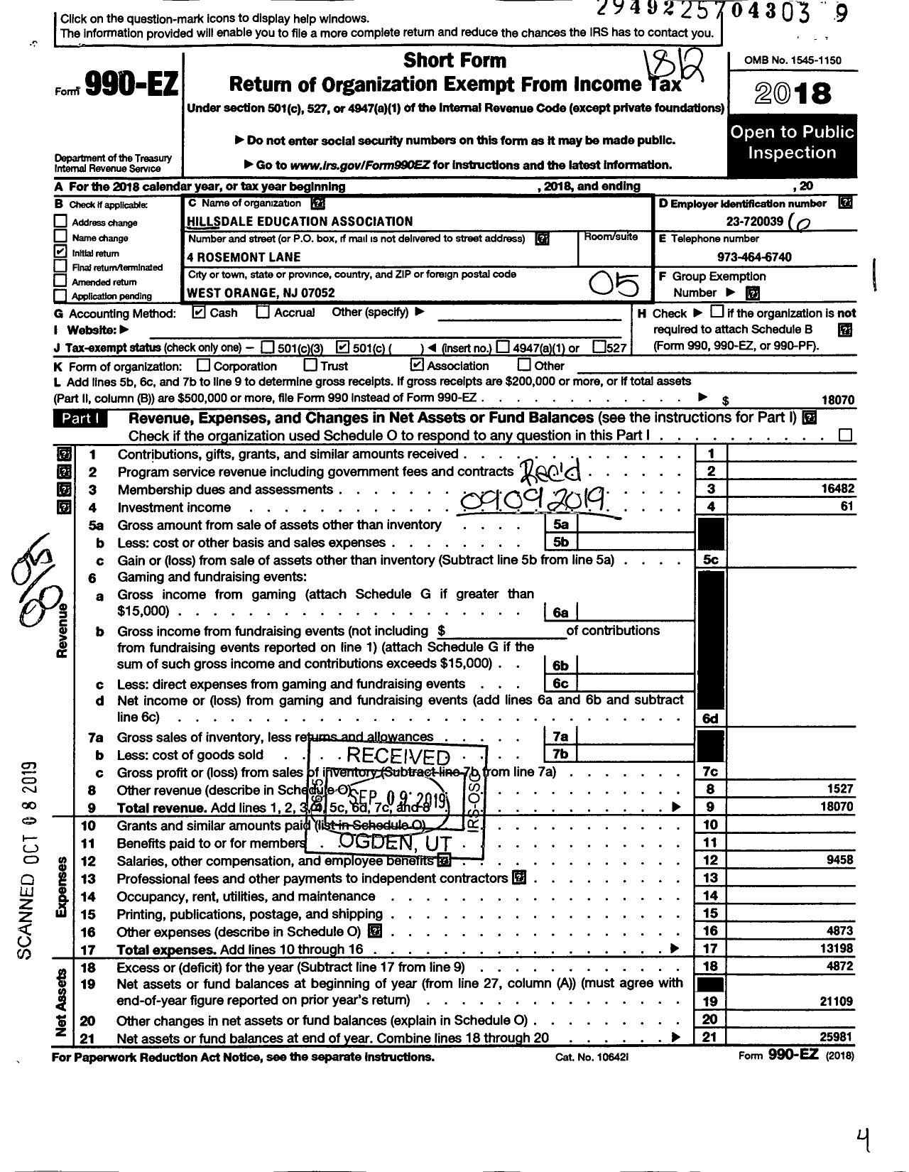 Image of first page of 2018 Form 990EO for New Jersey Education Association - Hillsdale Ea