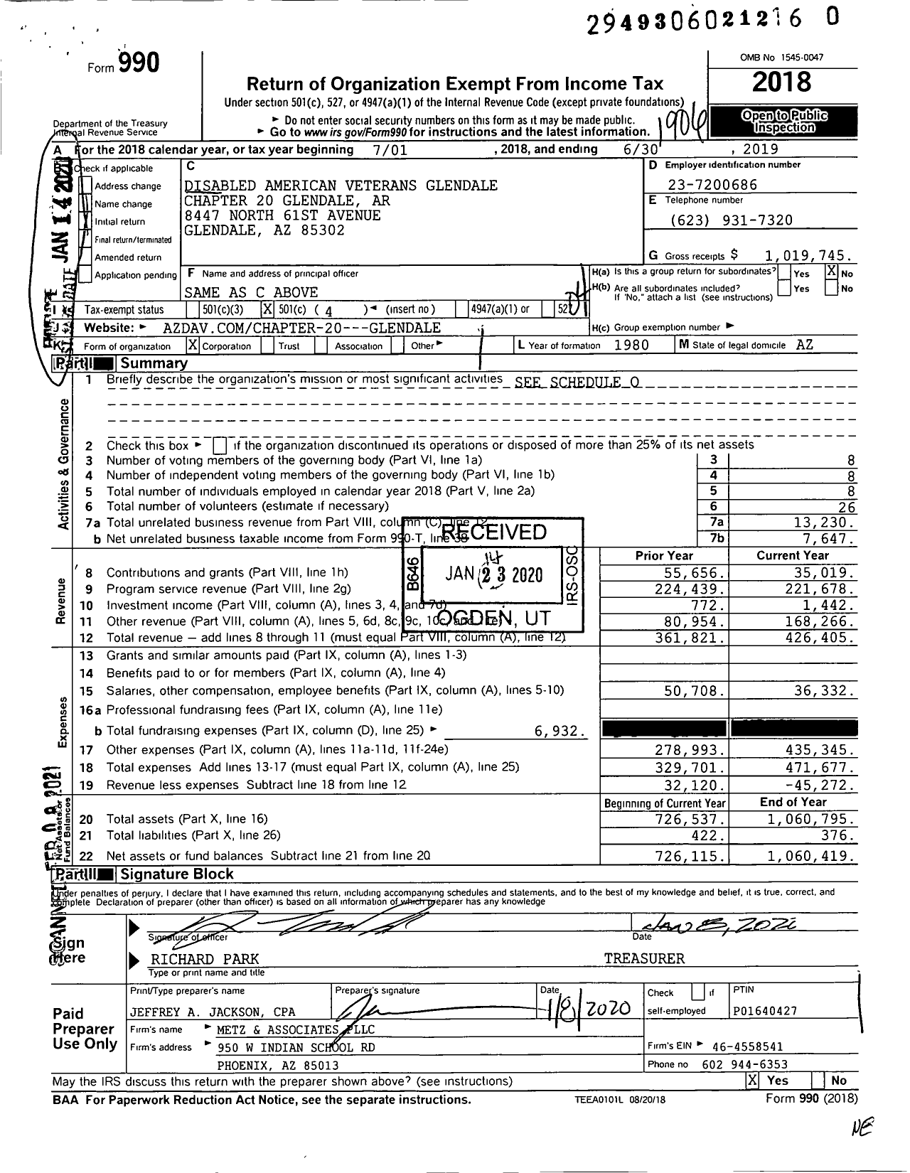 Image of first page of 2018 Form 990O for Disabled American Veterans Glendale Chapter 20