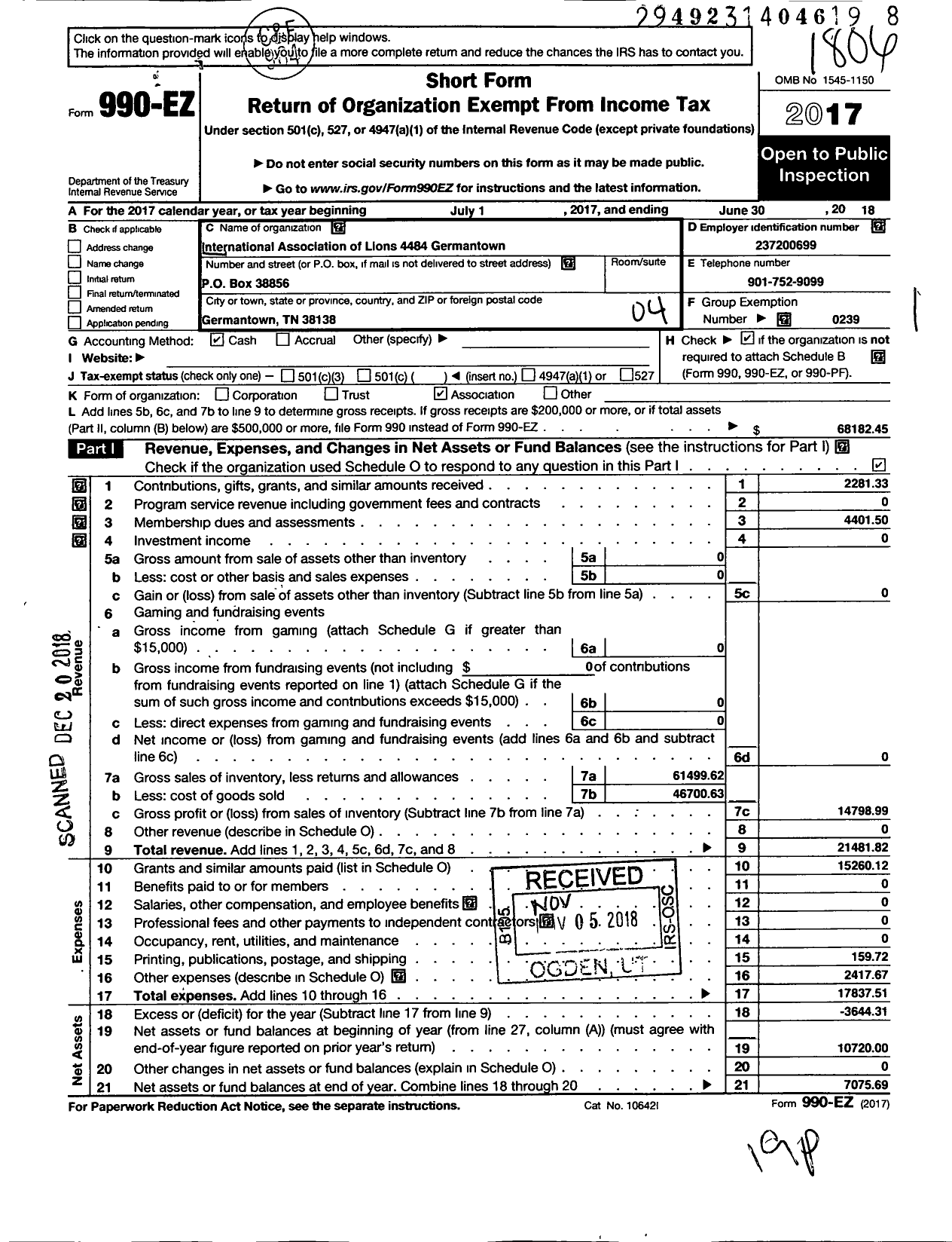 Image of first page of 2017 Form 990EO for LIONS CLUBS - 4884 Germantown