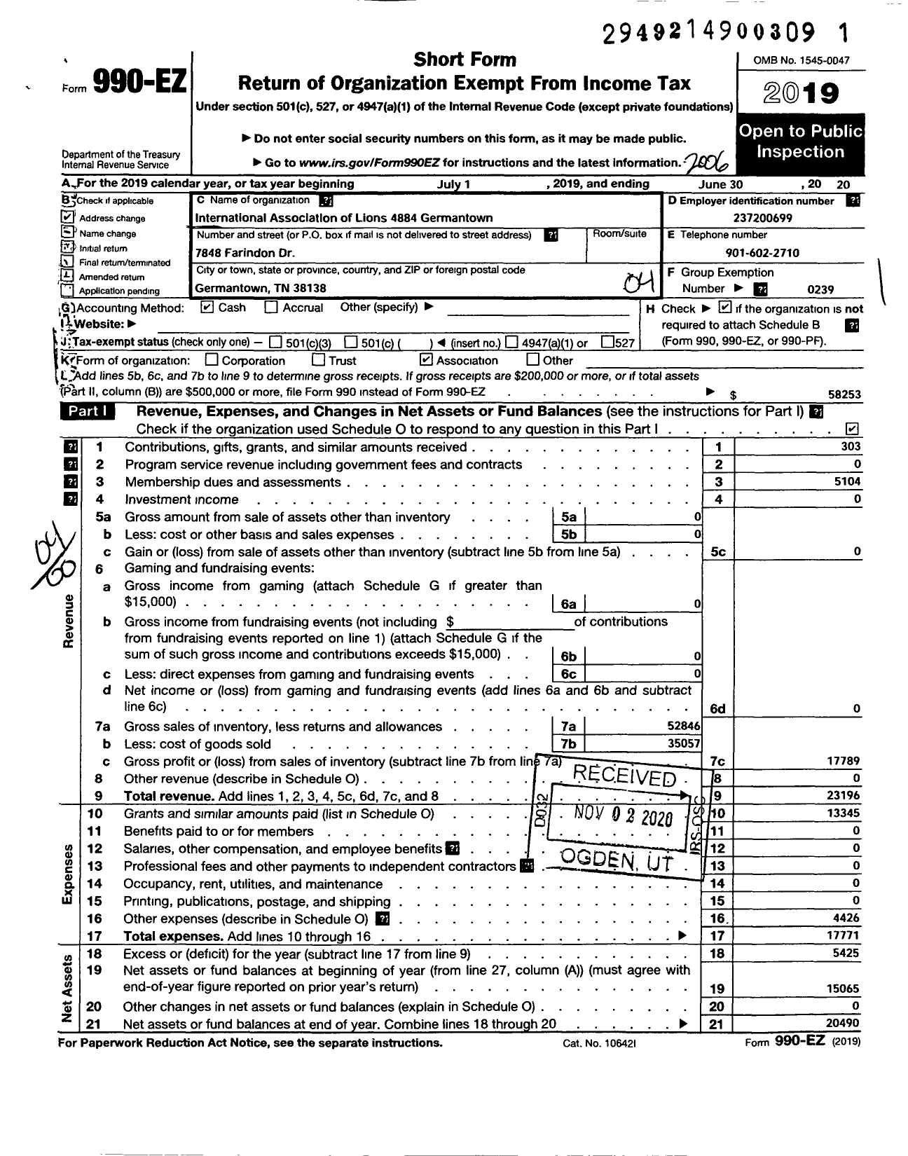 Image of first page of 2019 Form 990EO for LIONS CLUBS - 4884 Germantown