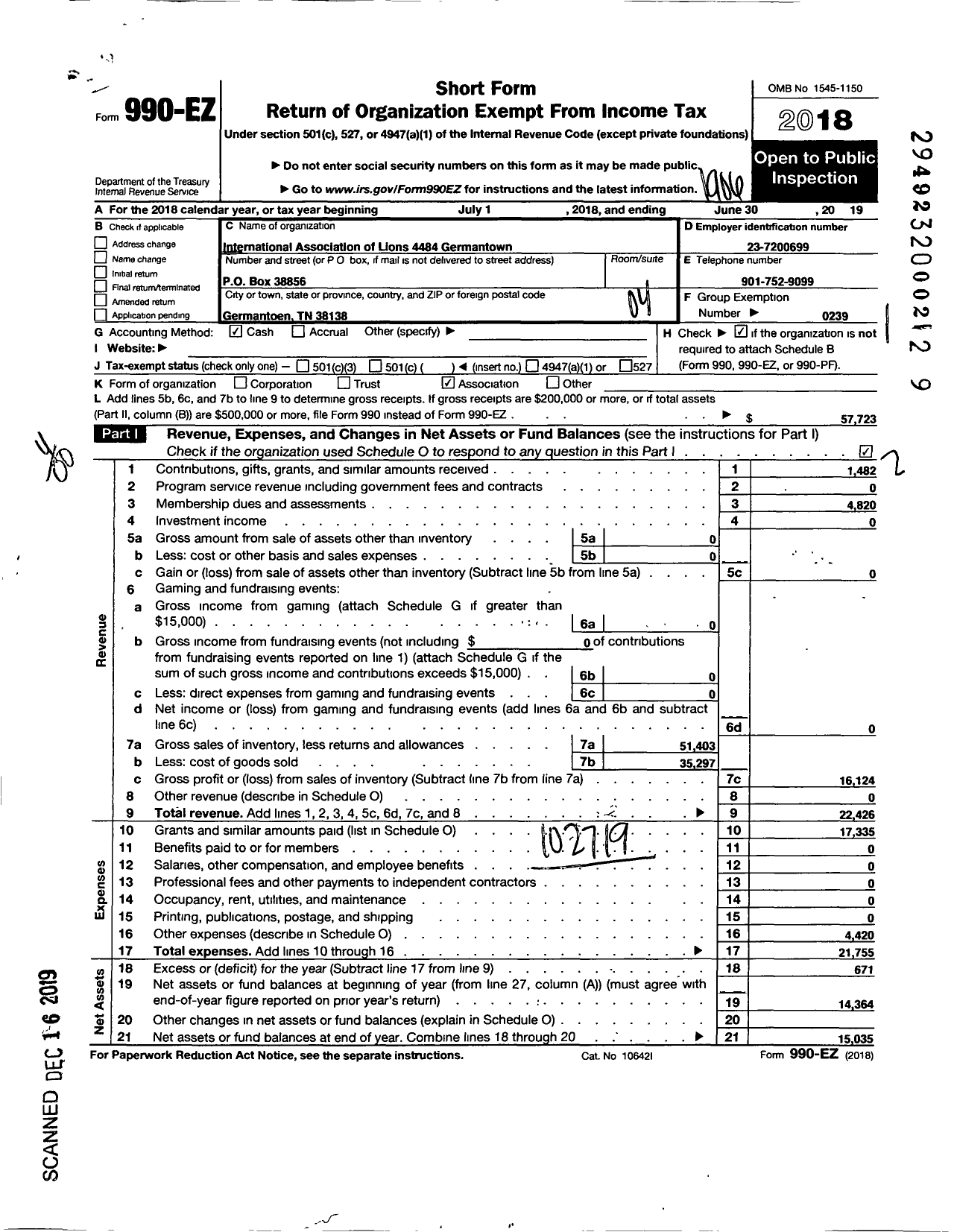 Image of first page of 2018 Form 990EO for LIONS CLUBS - 4884 Germantown