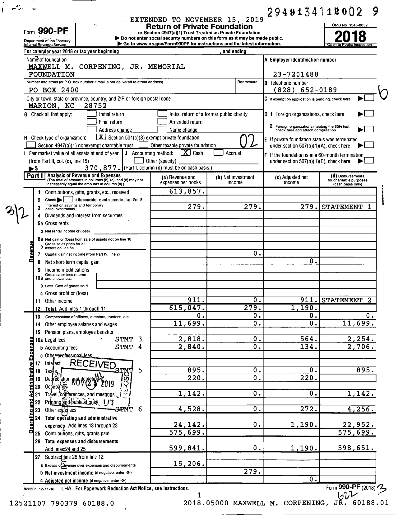 Image of first page of 2018 Form 990PF for Maxwell Corpening JR Memorial Foundation