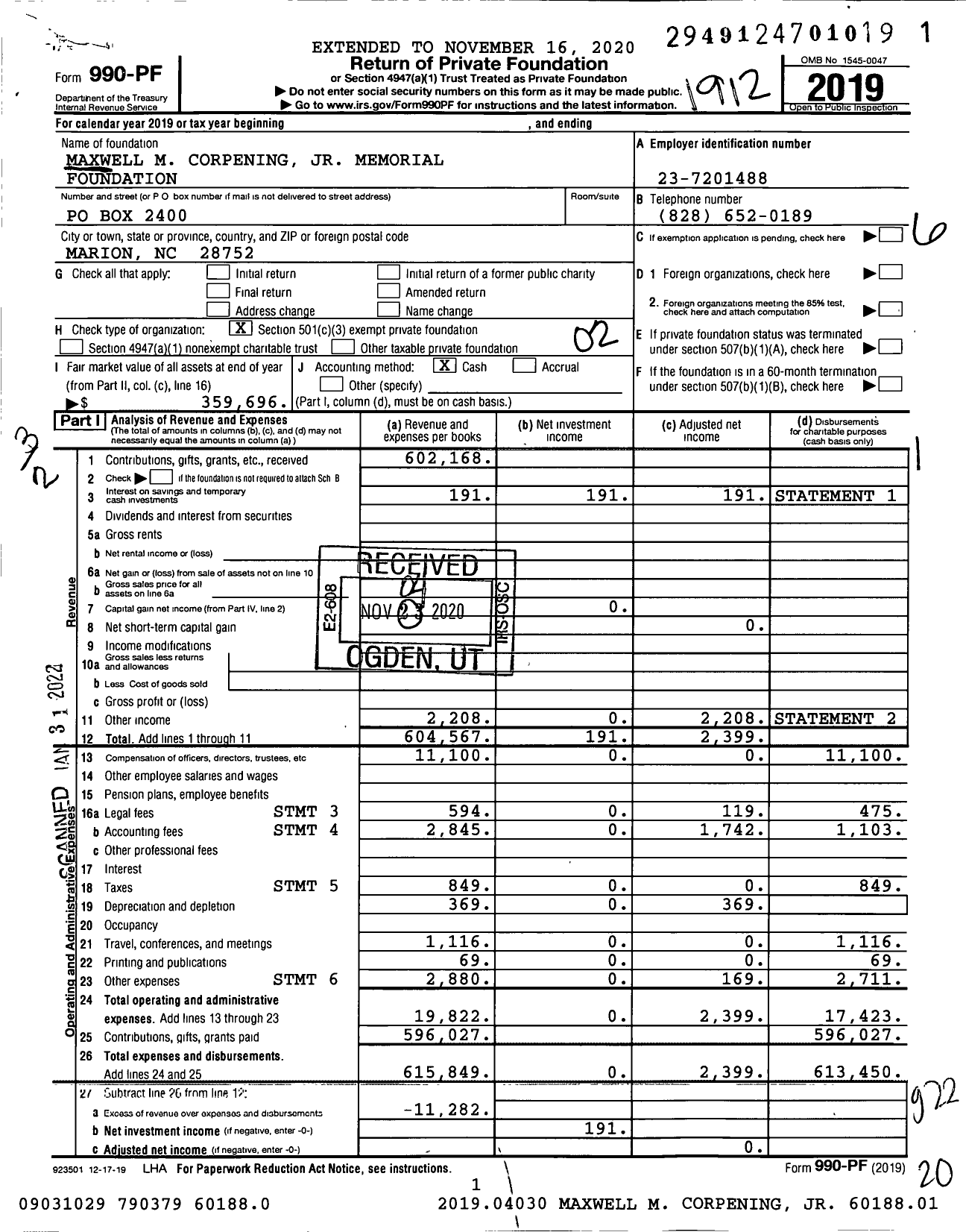 Image of first page of 2019 Form 990PF for Maxwell Corpening JR Memorial Foundation