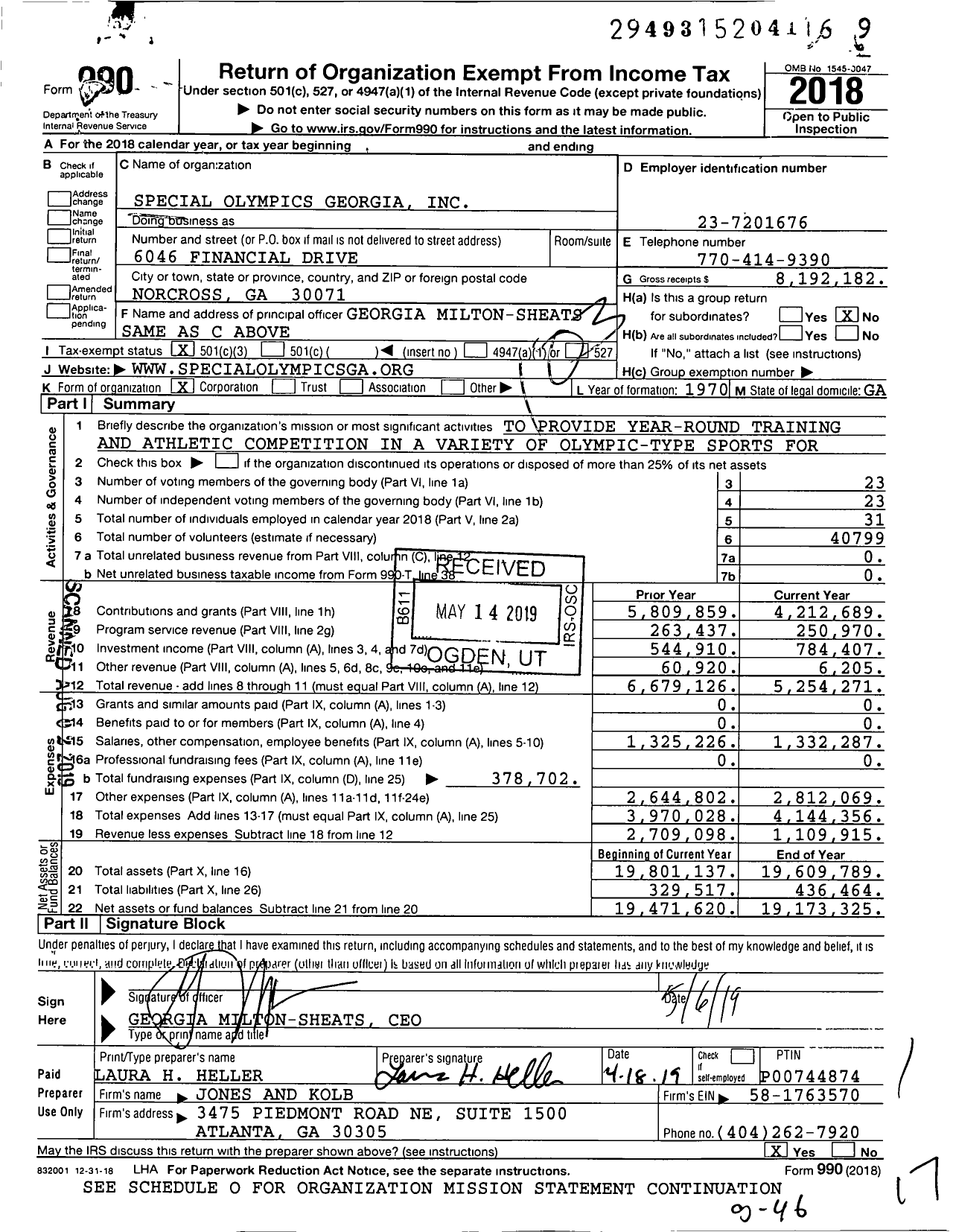 Image of first page of 2018 Form 990 for Special Olympics Georgia