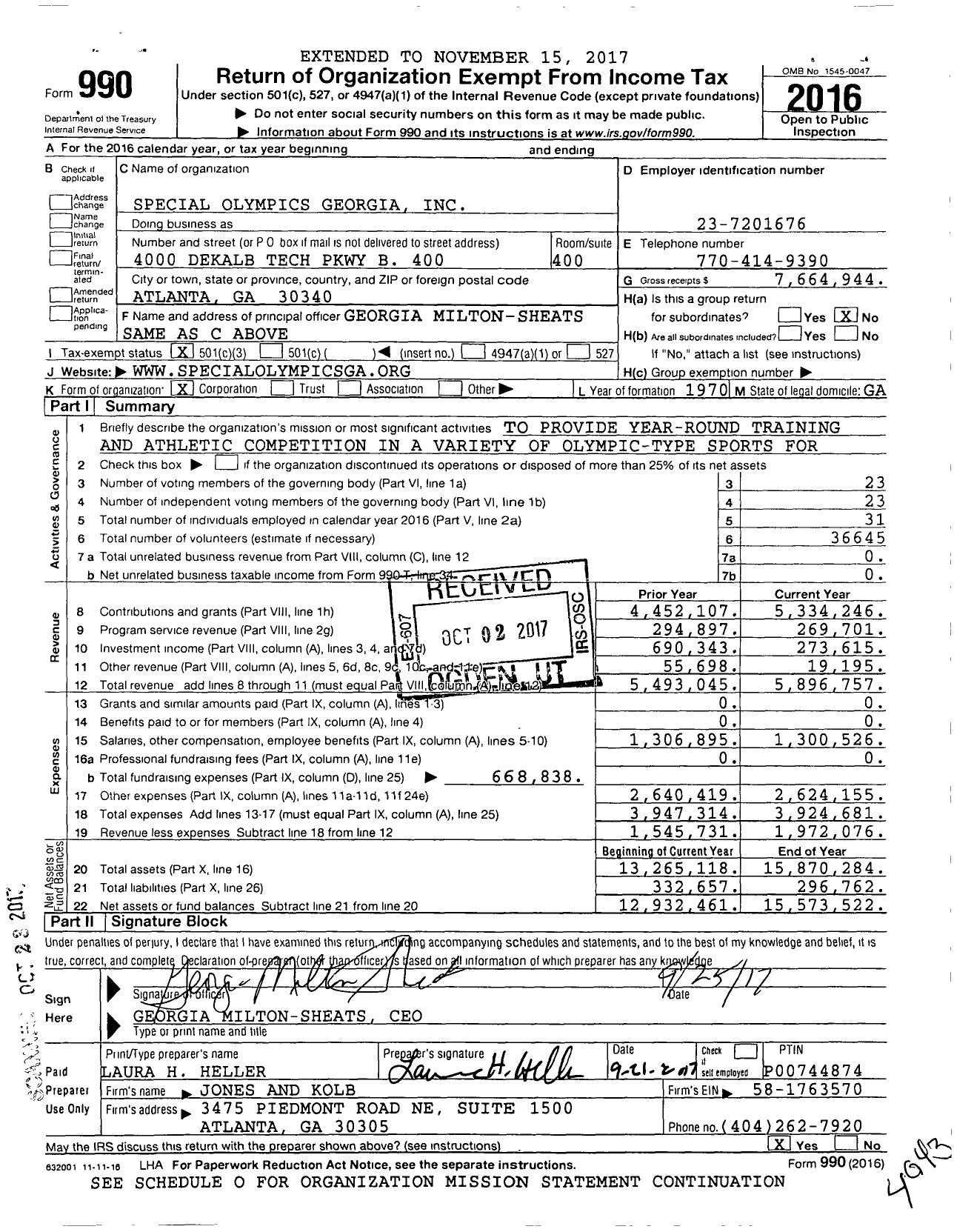 Image of first page of 2016 Form 990 for Special Olympics Georgia