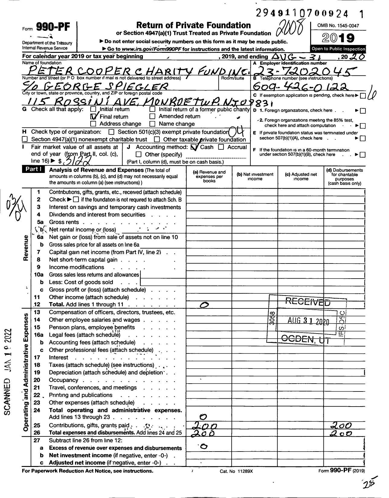 Image of first page of 2019 Form 990PF for Peter Cooper Charity Fund