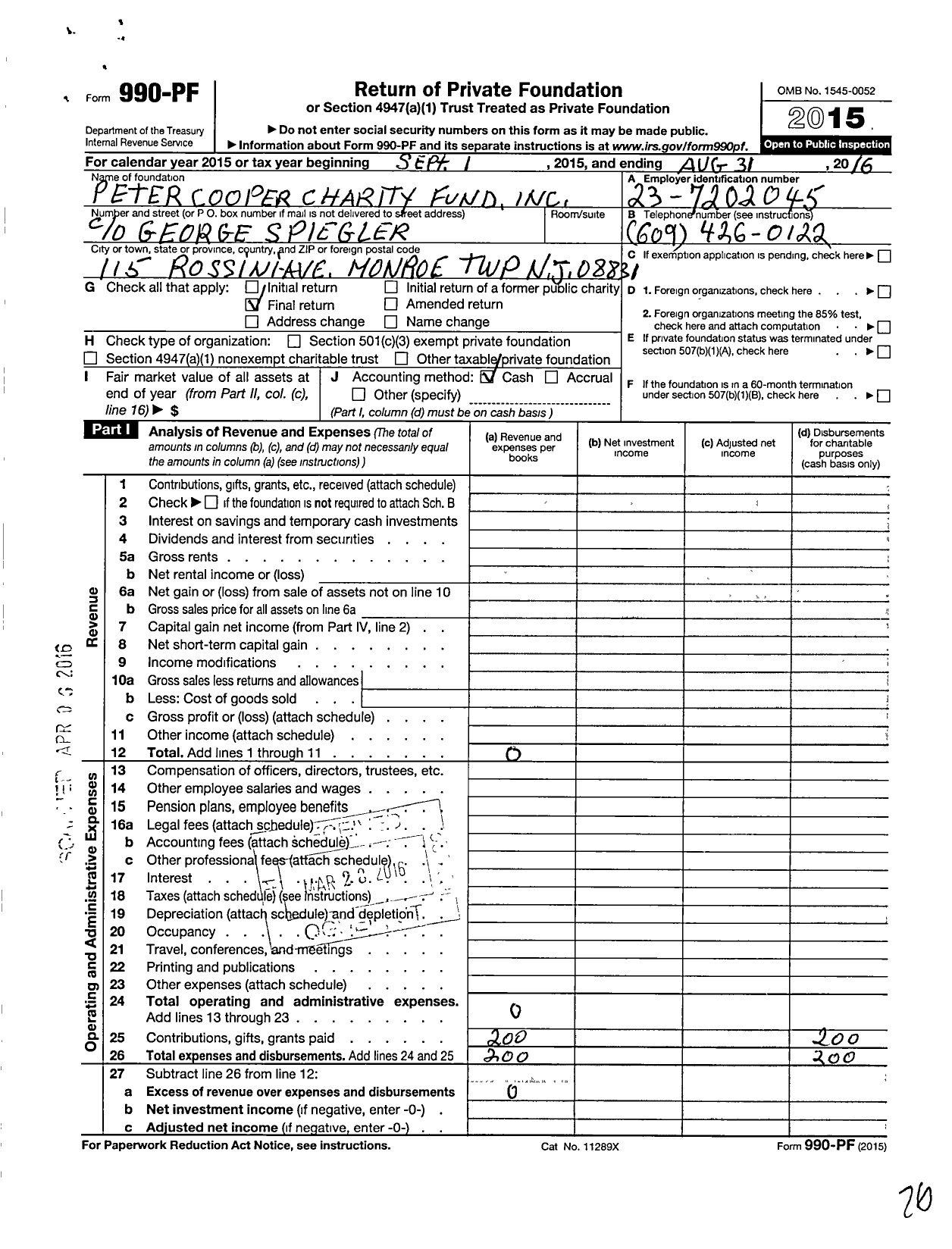 Image of first page of 2015 Form 990PF for Peter Cooper Charity Fund