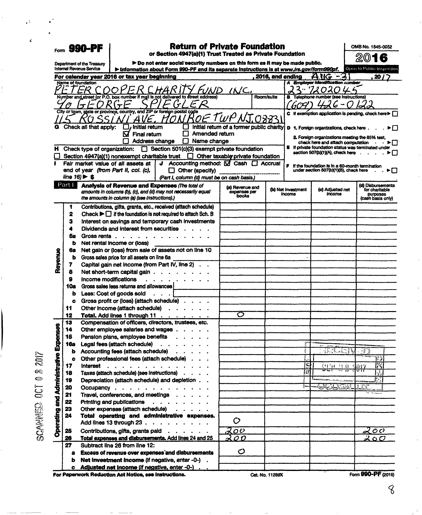 Image of first page of 2016 Form 990PF for Peter Cooper Charity Fund