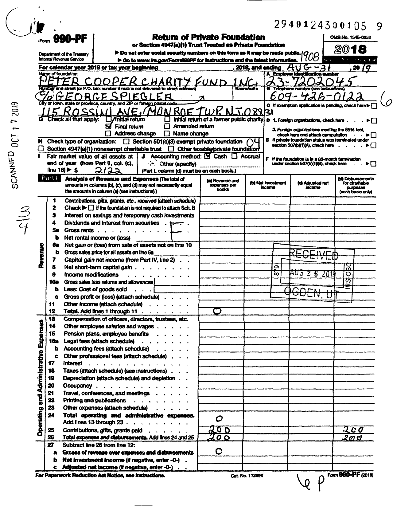 Image of first page of 2018 Form 990PF for Peter Cooper Charity Fund