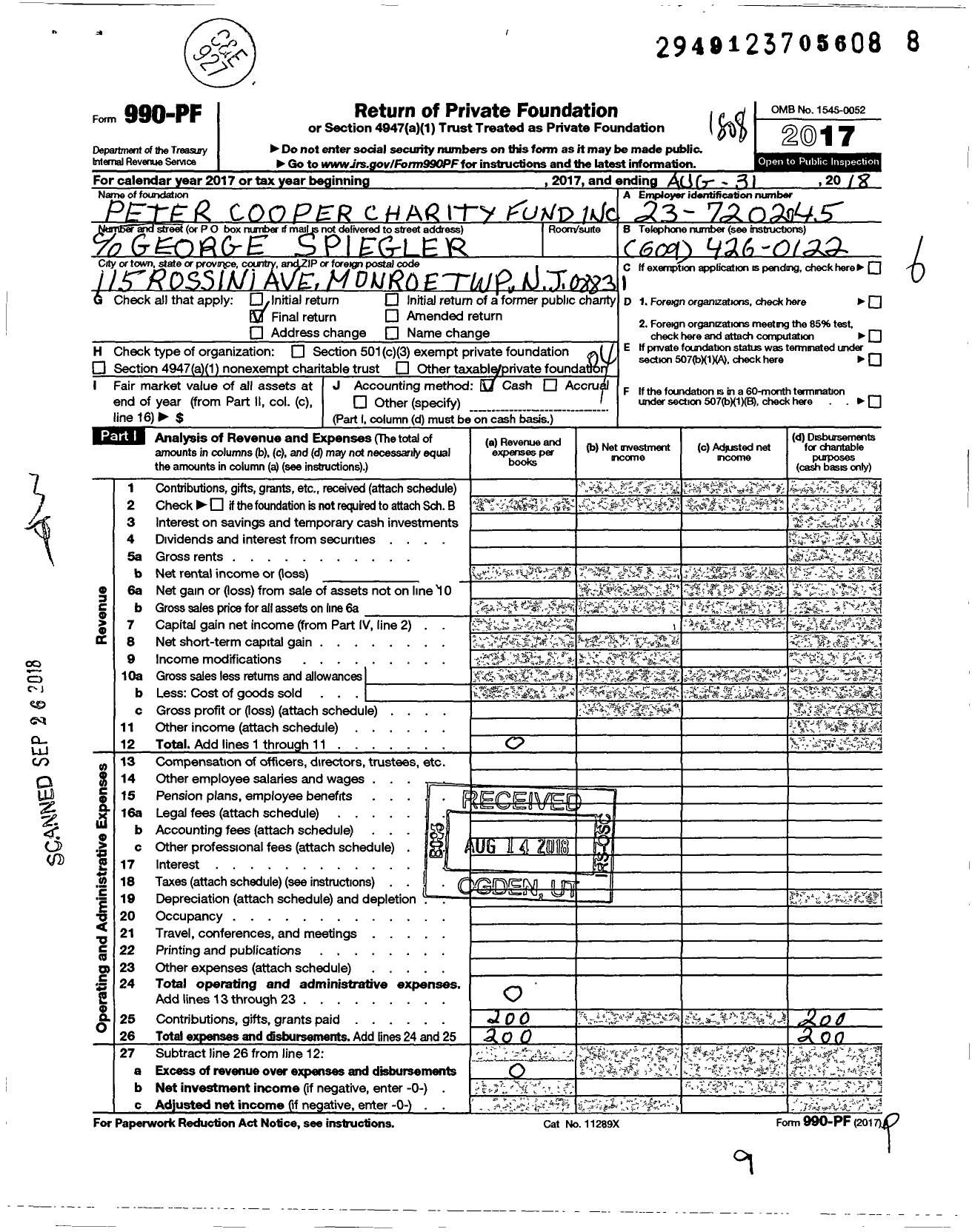 Image of first page of 2017 Form 990PF for Peter Cooper Charity Fund