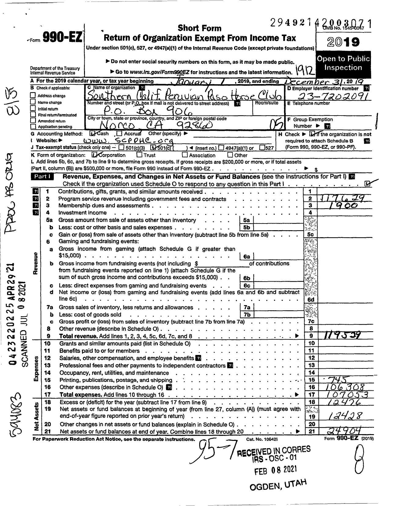 Image of first page of 2019 Form 990EO for Southern California Peruvian Paso Horse Club