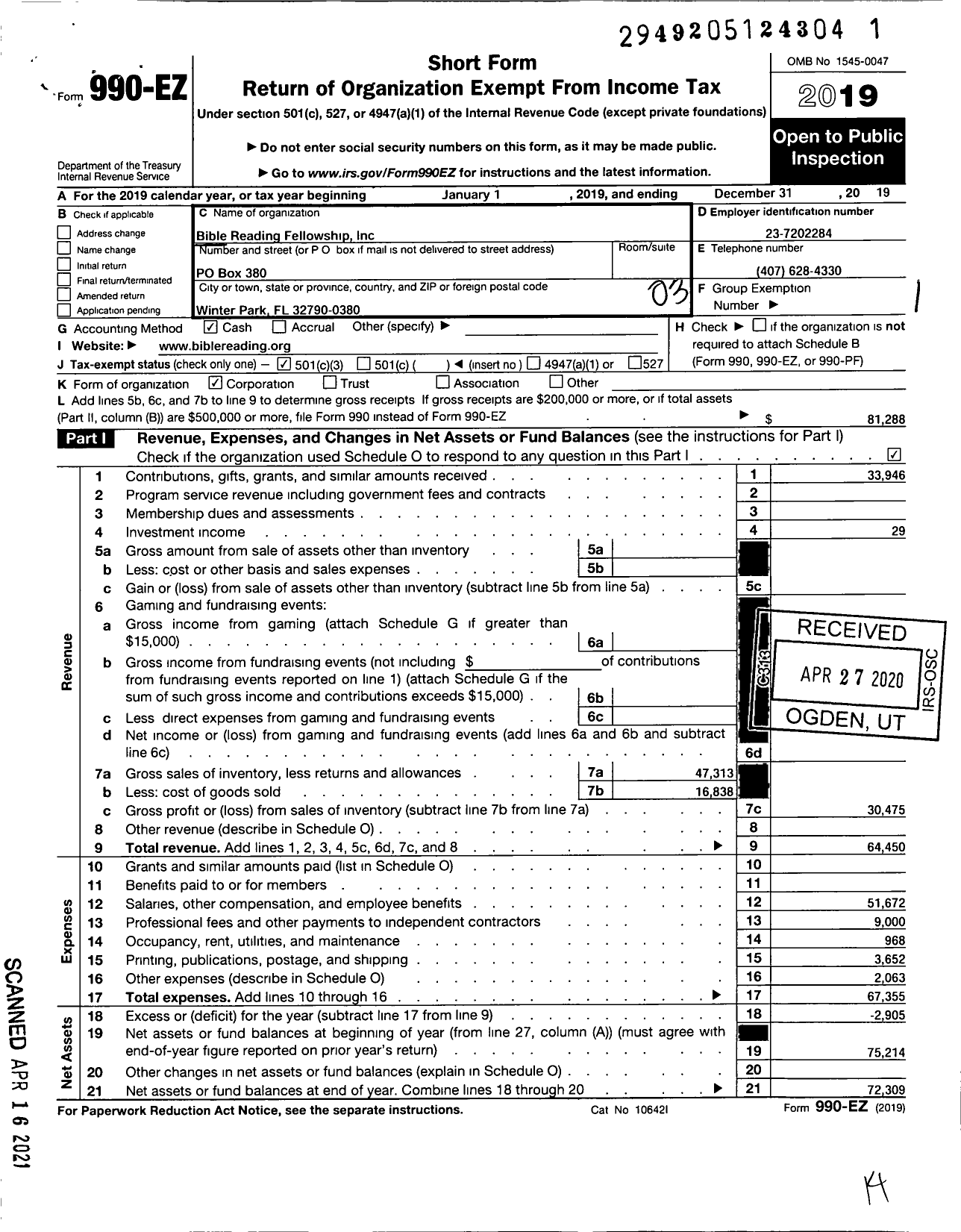 Image of first page of 2019 Form 990EZ for Bible Reading Fellowship