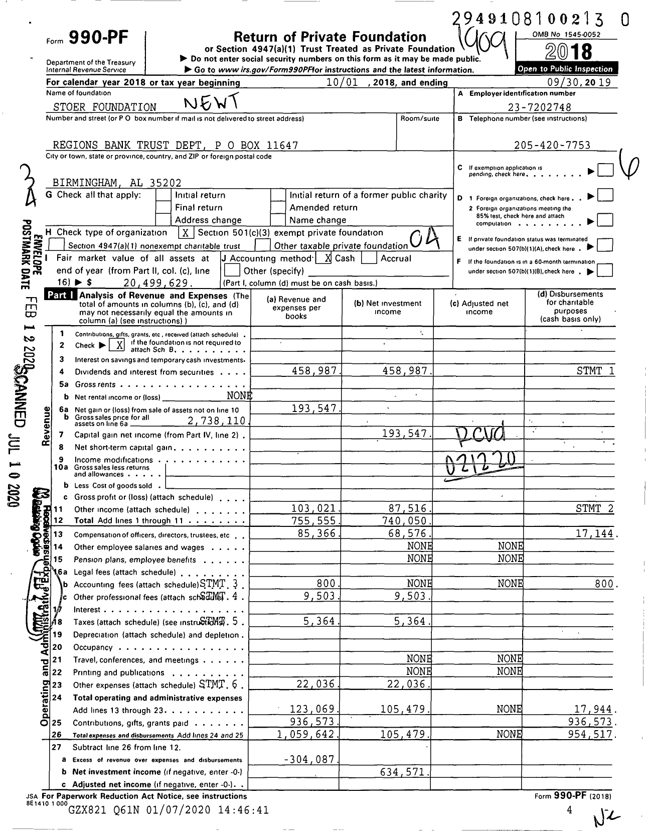 Image of first page of 2018 Form 990PR for Stoer Foundation