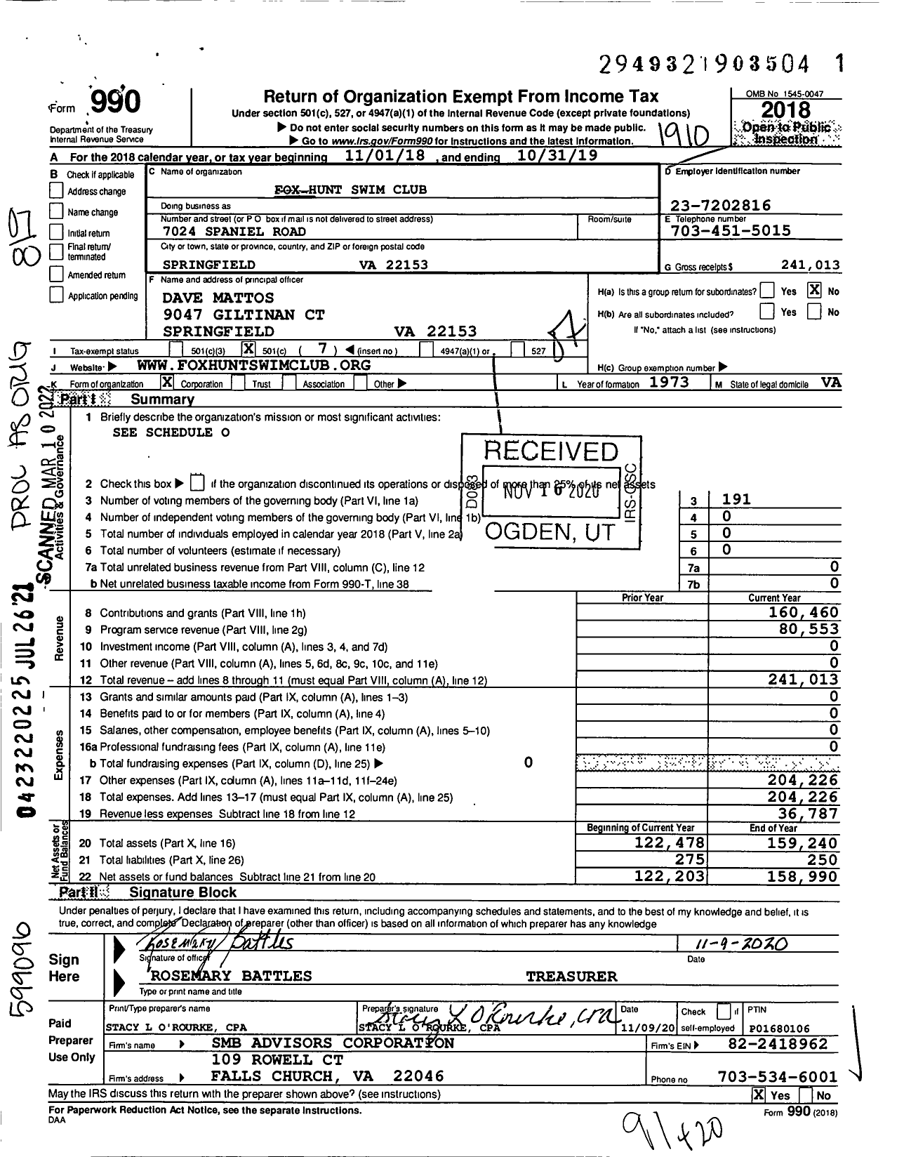 Image of first page of 2018 Form 990O for Fox Hunt Swim Club