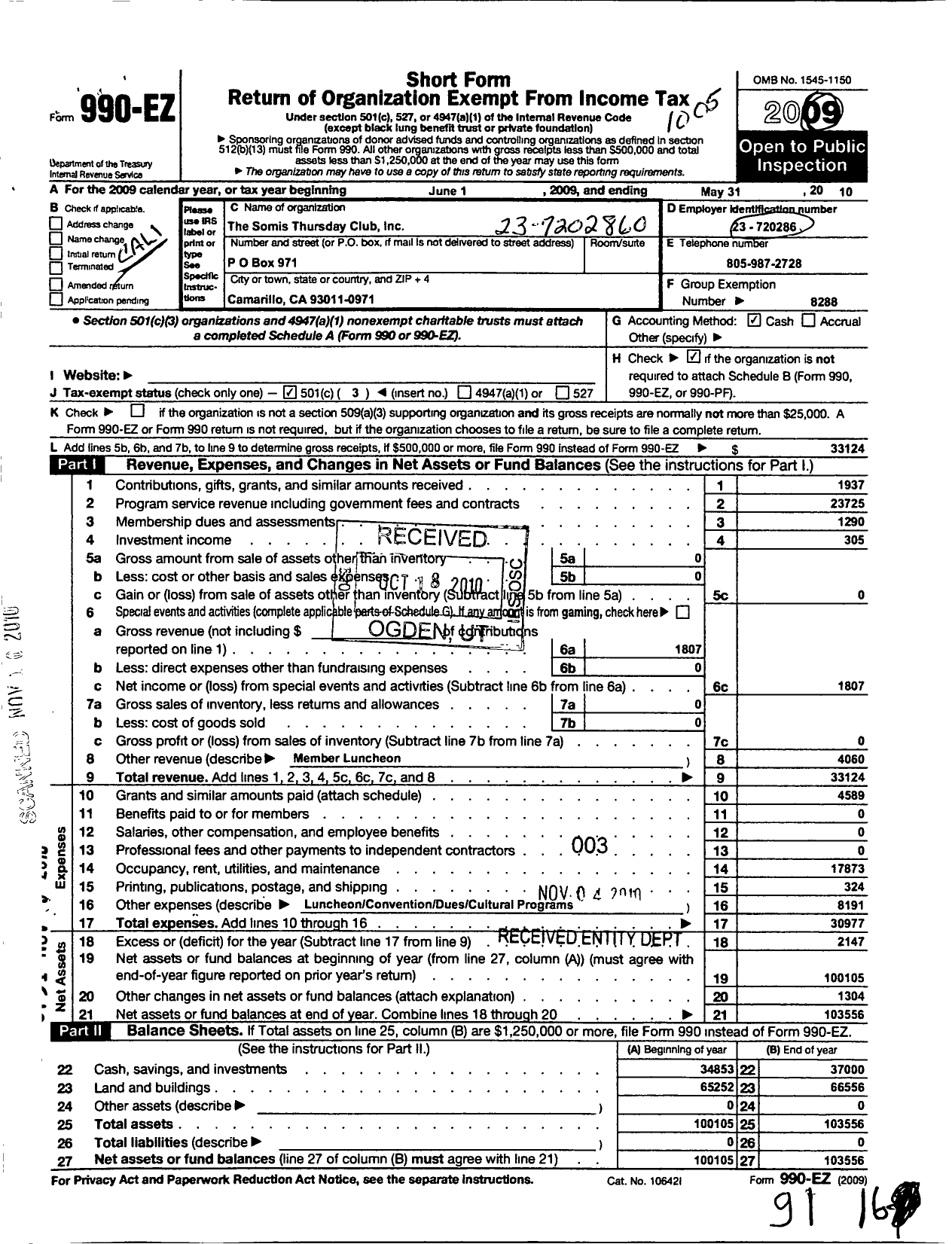 Image of first page of 2009 Form 990EZ for California Federation of Women's Clubs - Somis Thursday Club