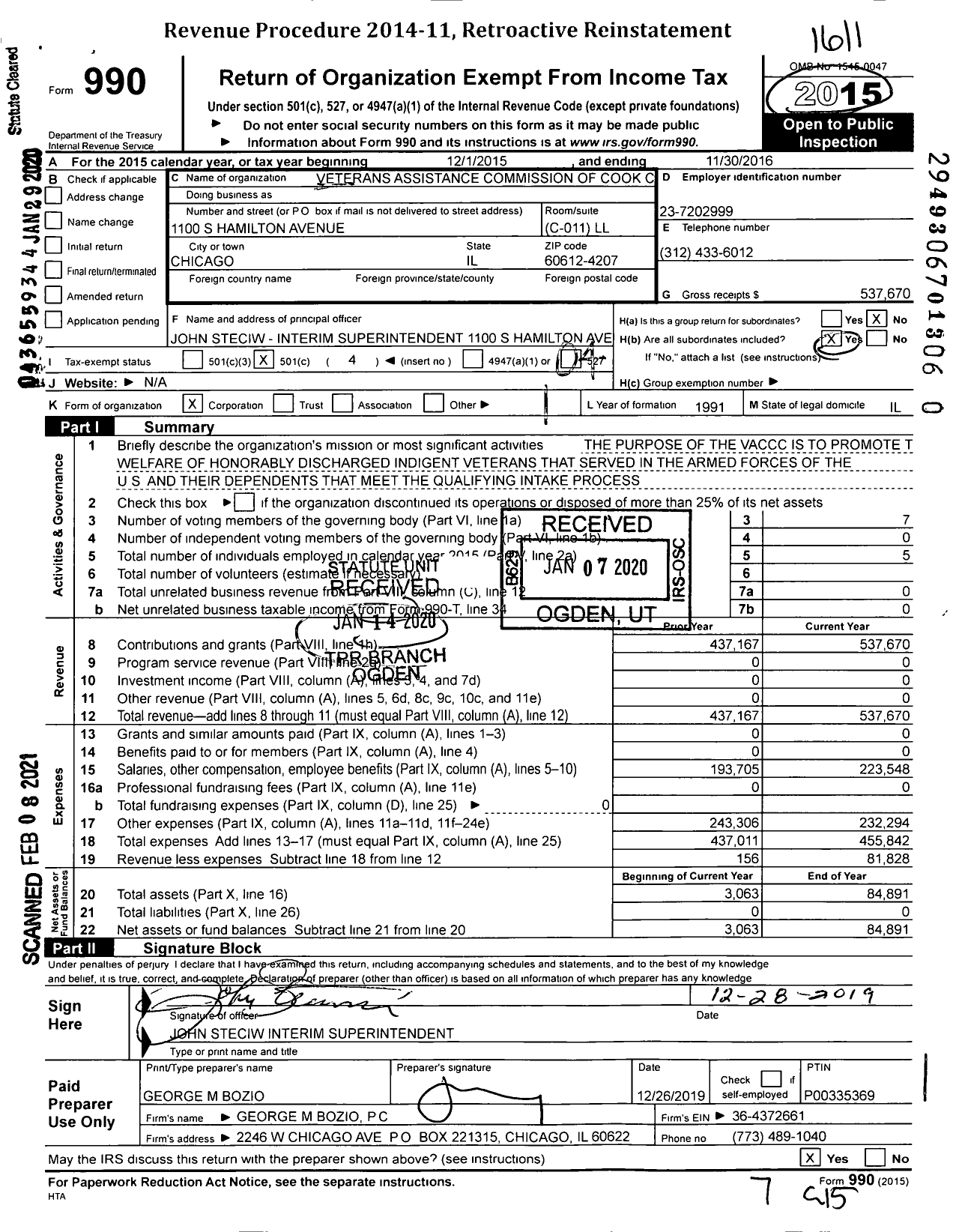 Image of first page of 2015 Form 990O for Veterans Assistance Commission of Cook County