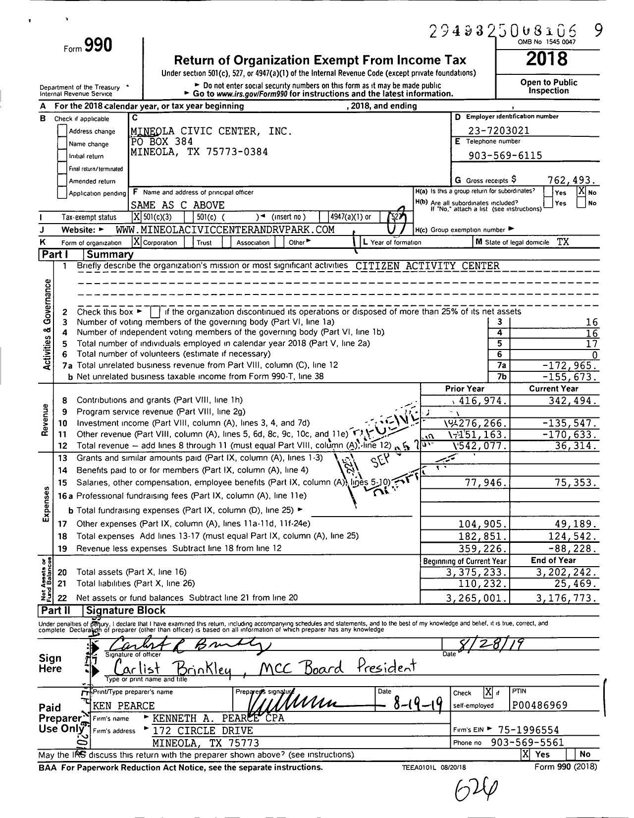 Image of first page of 2018 Form 990 for Mineola Civic Center