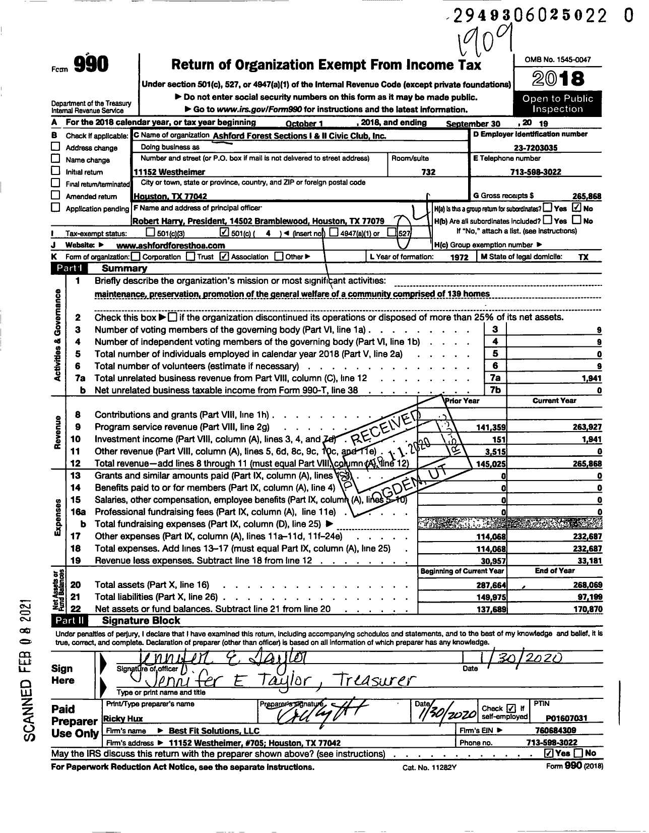 Image of first page of 2018 Form 990O for Ashford Forest Sections I and II Civic Club