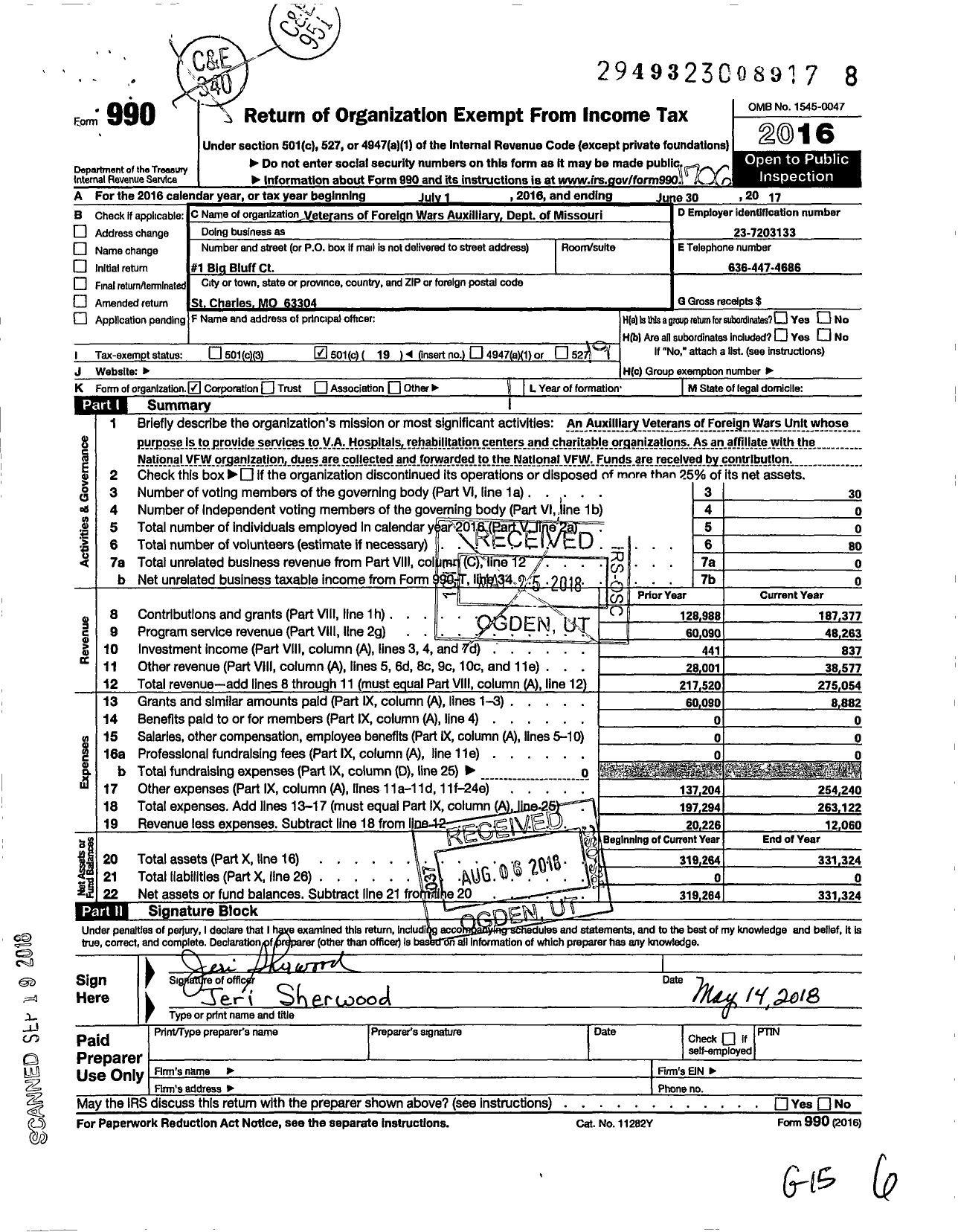 Image of first page of 2016 Form 990O for Veterans of Foreign Wars Auxiliary