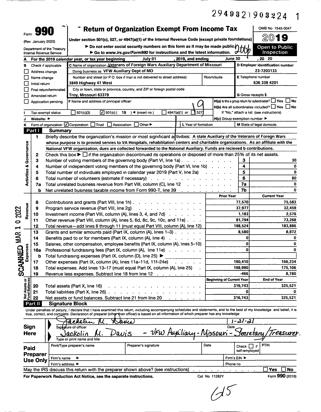 Image of first page of 2019 Form 990O for Veterans of Foreign Wars Auxiliary