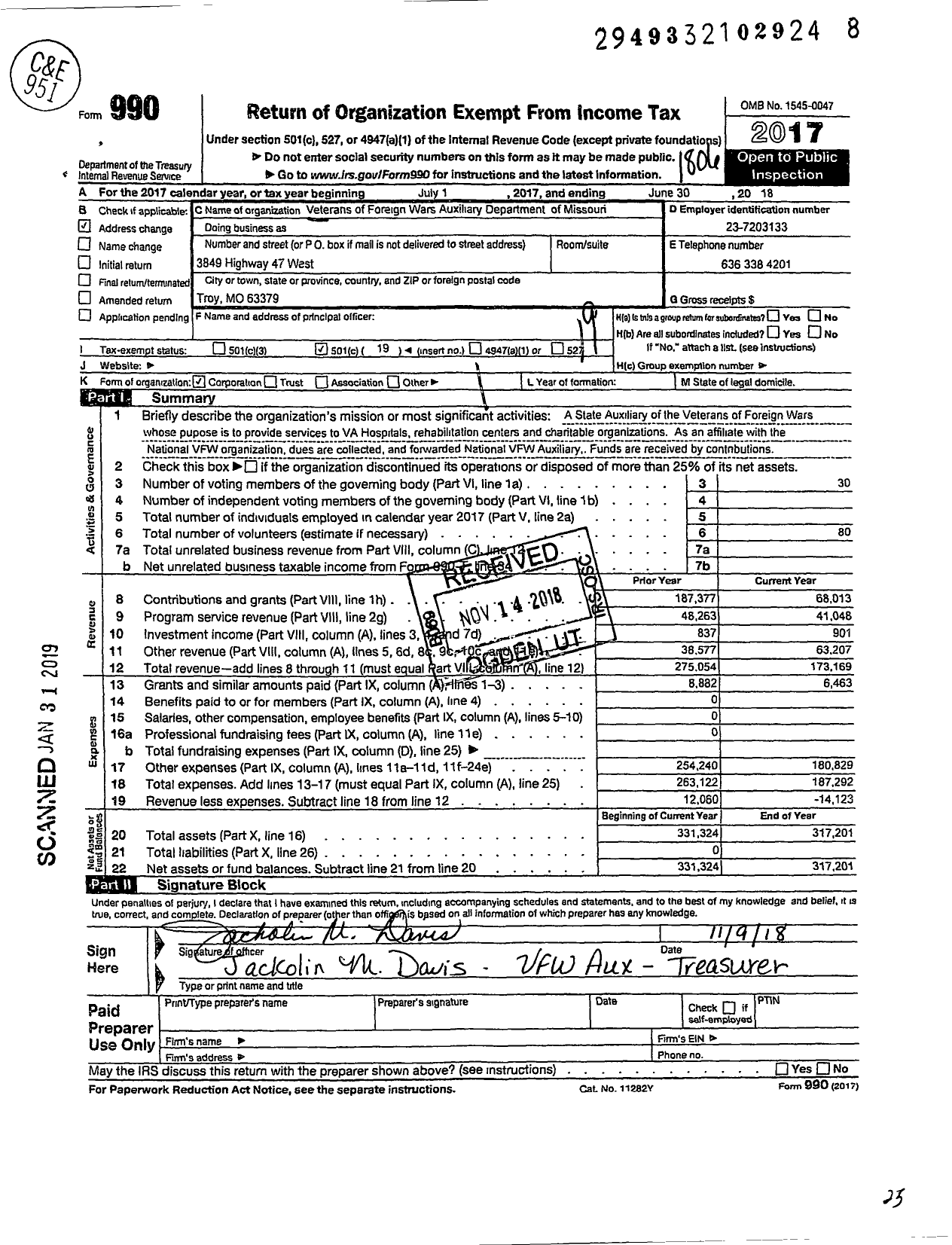 Image of first page of 2017 Form 990O for Veterans of Foreign Wars Auxiliary