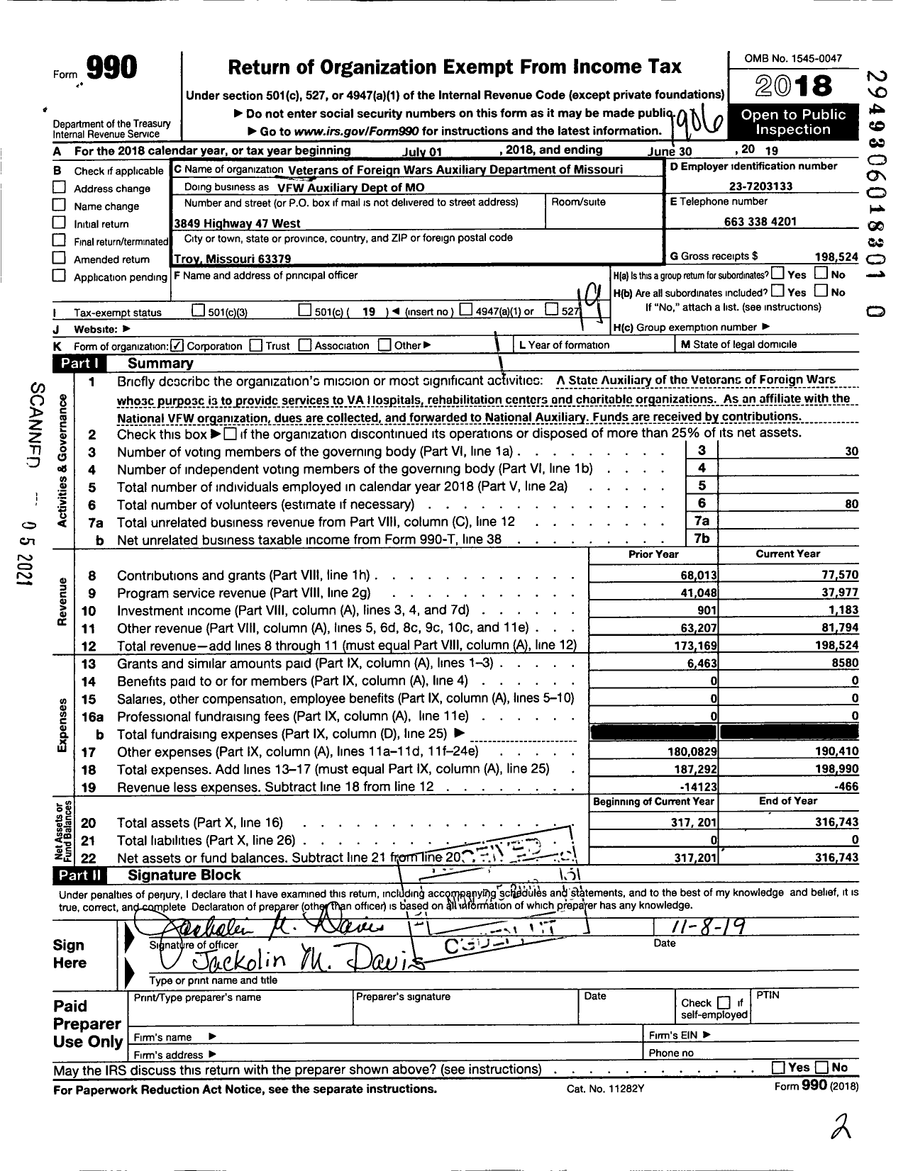 Image of first page of 2018 Form 990O for Veterans of Foreign Wars Auxiliary
