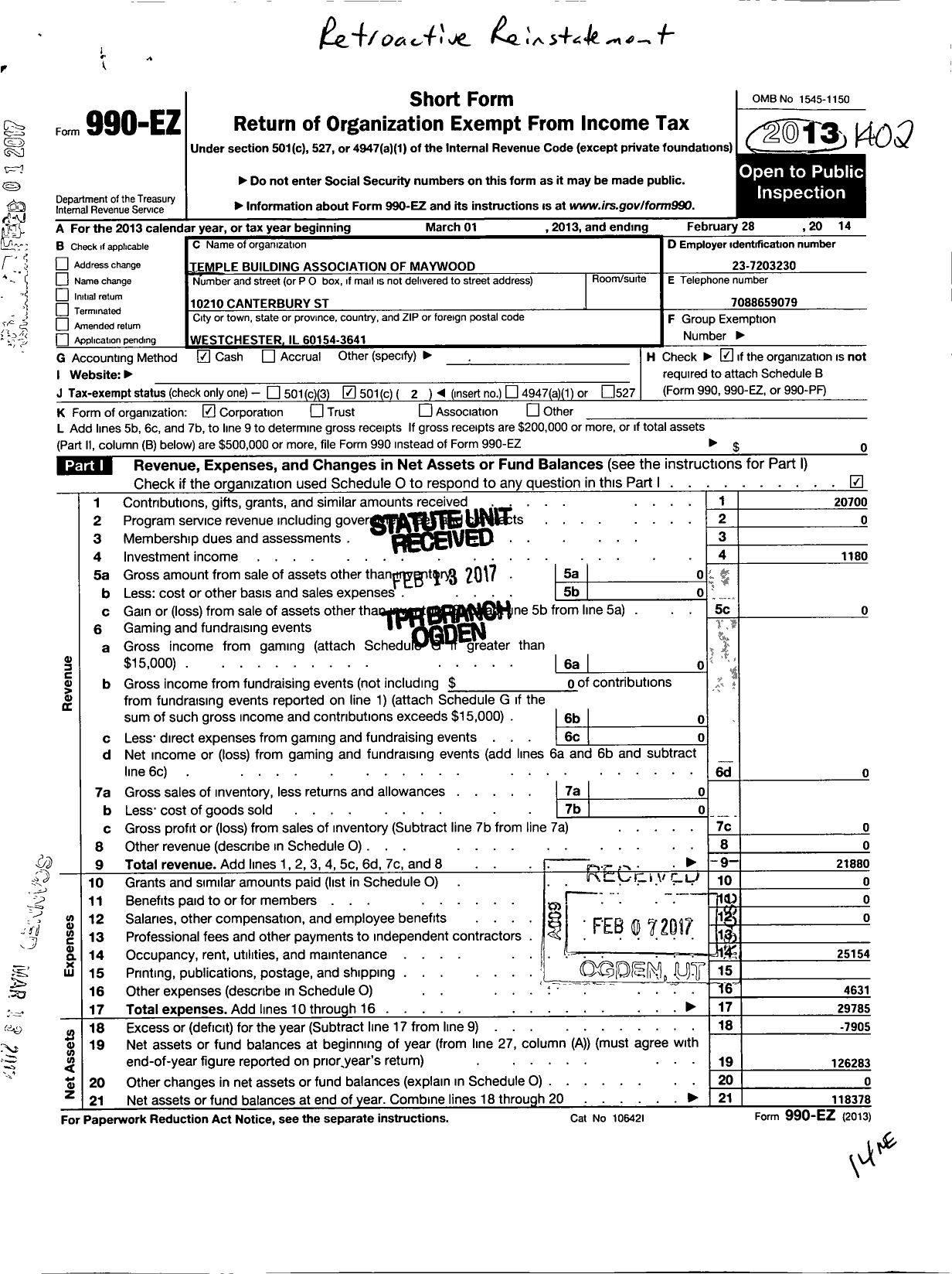 Image of first page of 2013 Form 990EO for Temple Building Association of Maywood