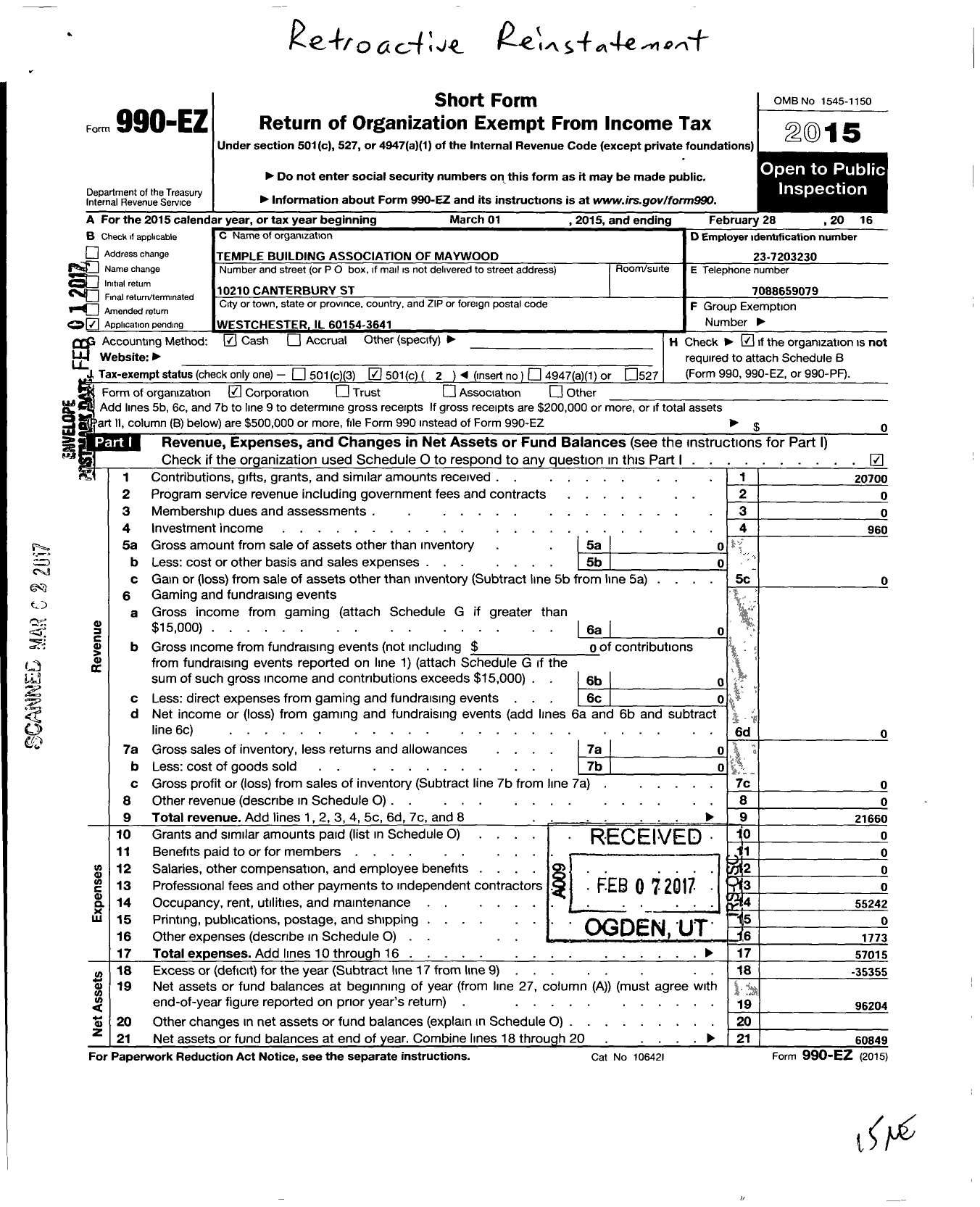 Image of first page of 2015 Form 990EO for Temple Building Association of Maywood