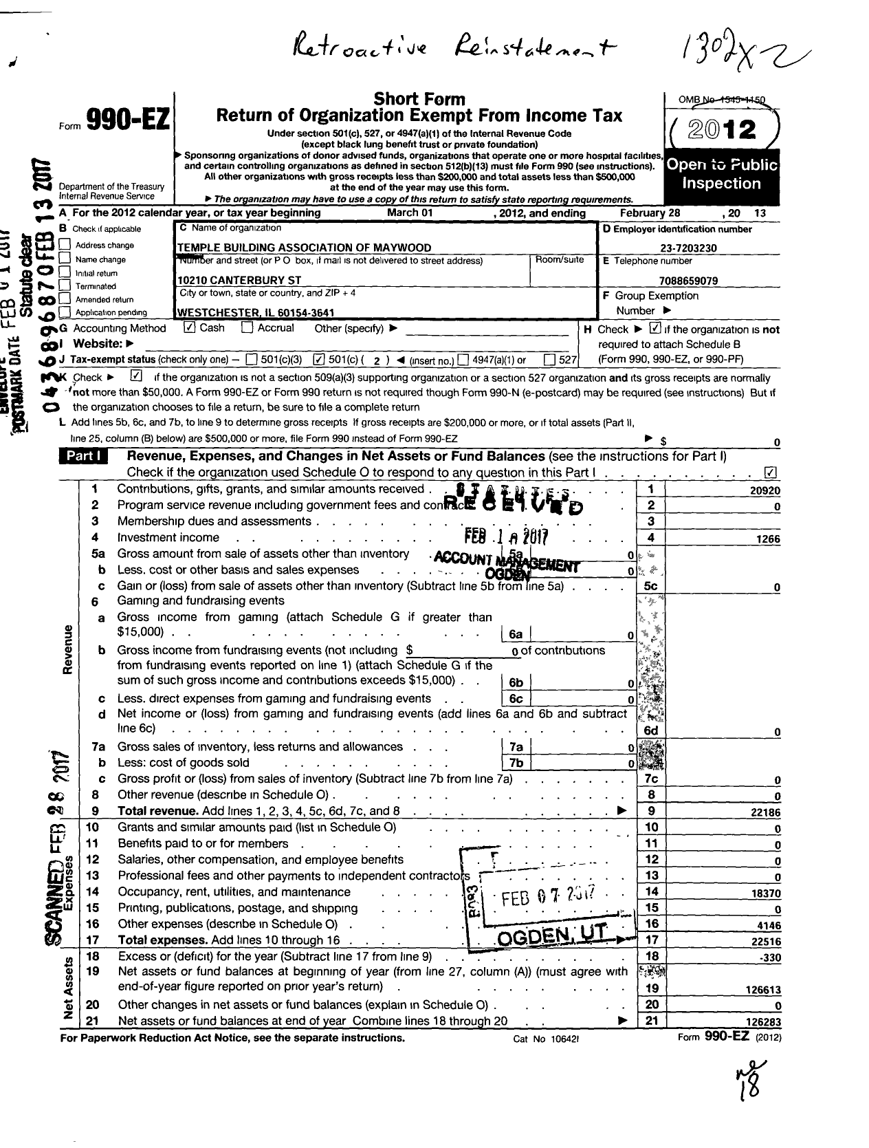 Image of first page of 2012 Form 990EO for Temple Building Association of Maywood