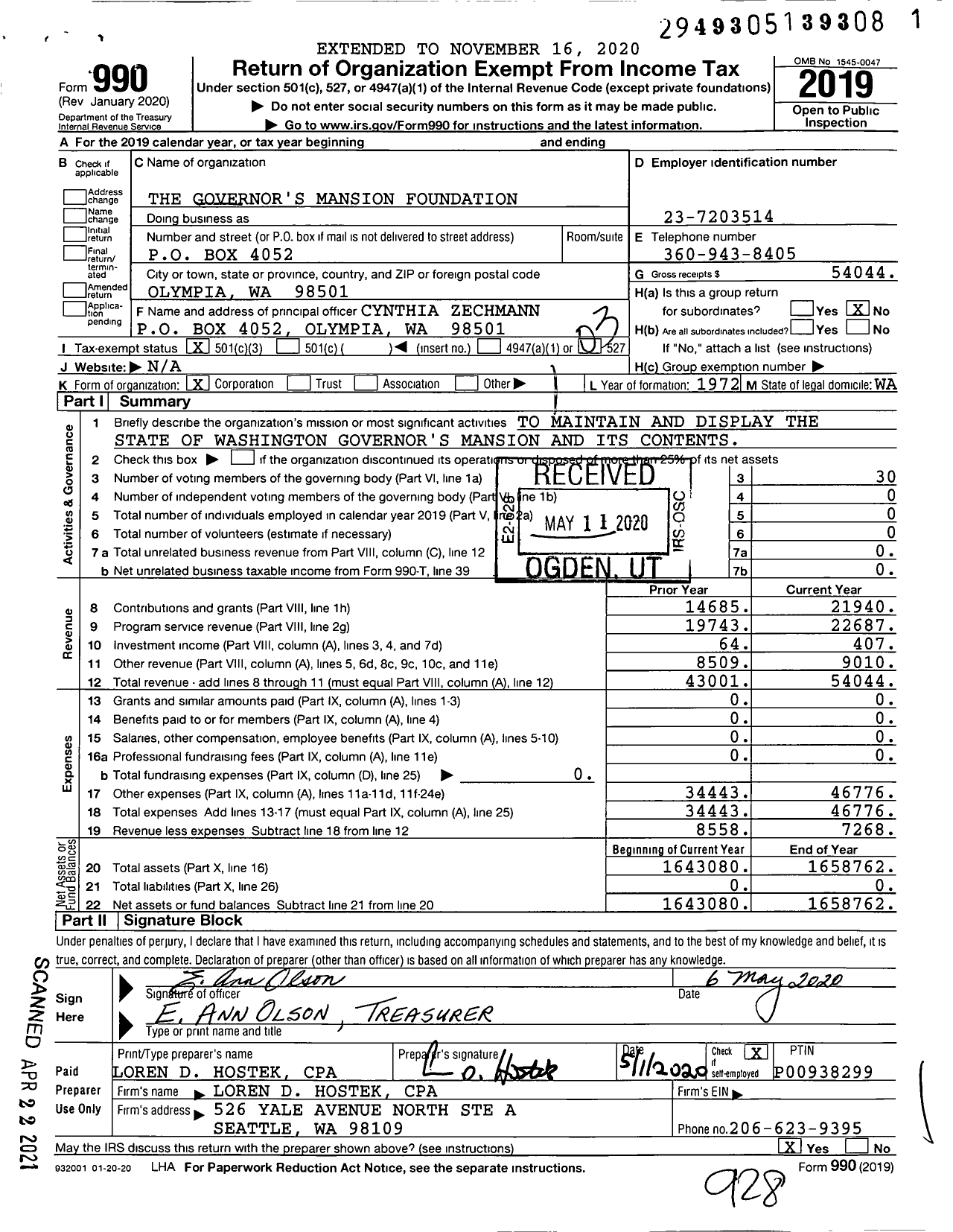 Image of first page of 2019 Form 990 for Governors Mansion Foundation / Foundation for the Preservation of the Governors Mansion