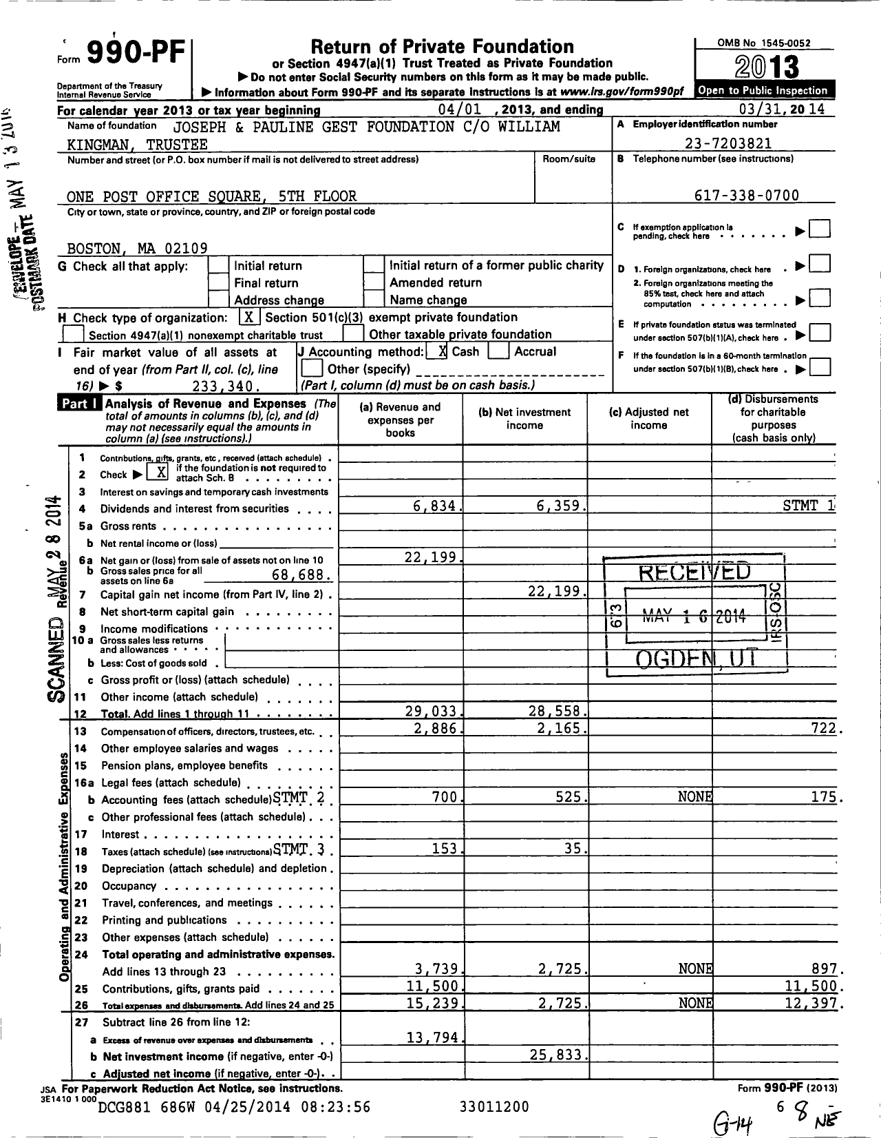 Image of first page of 2013 Form 990PF for Joseph and Pauline Gest Foundation