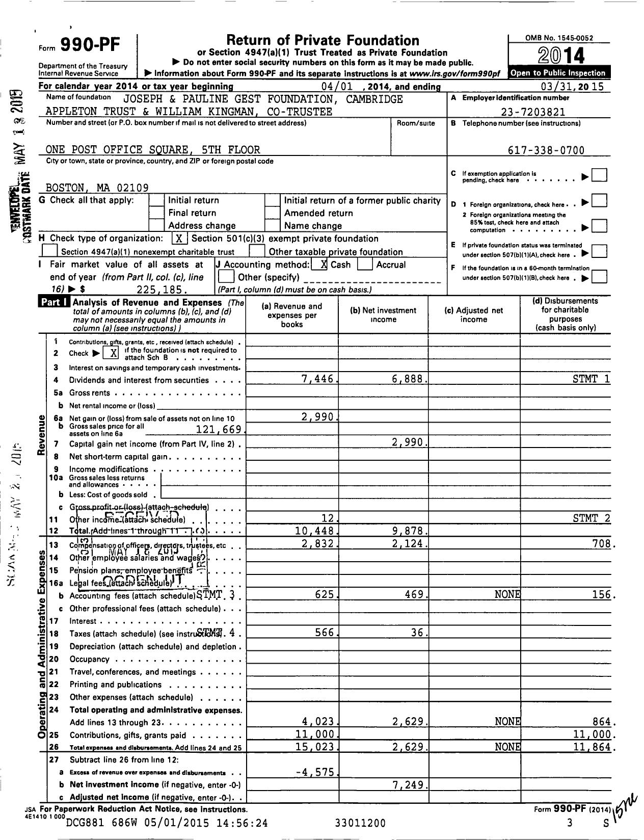 Image of first page of 2014 Form 990PF for Joseph and Pauline Gest Foundation