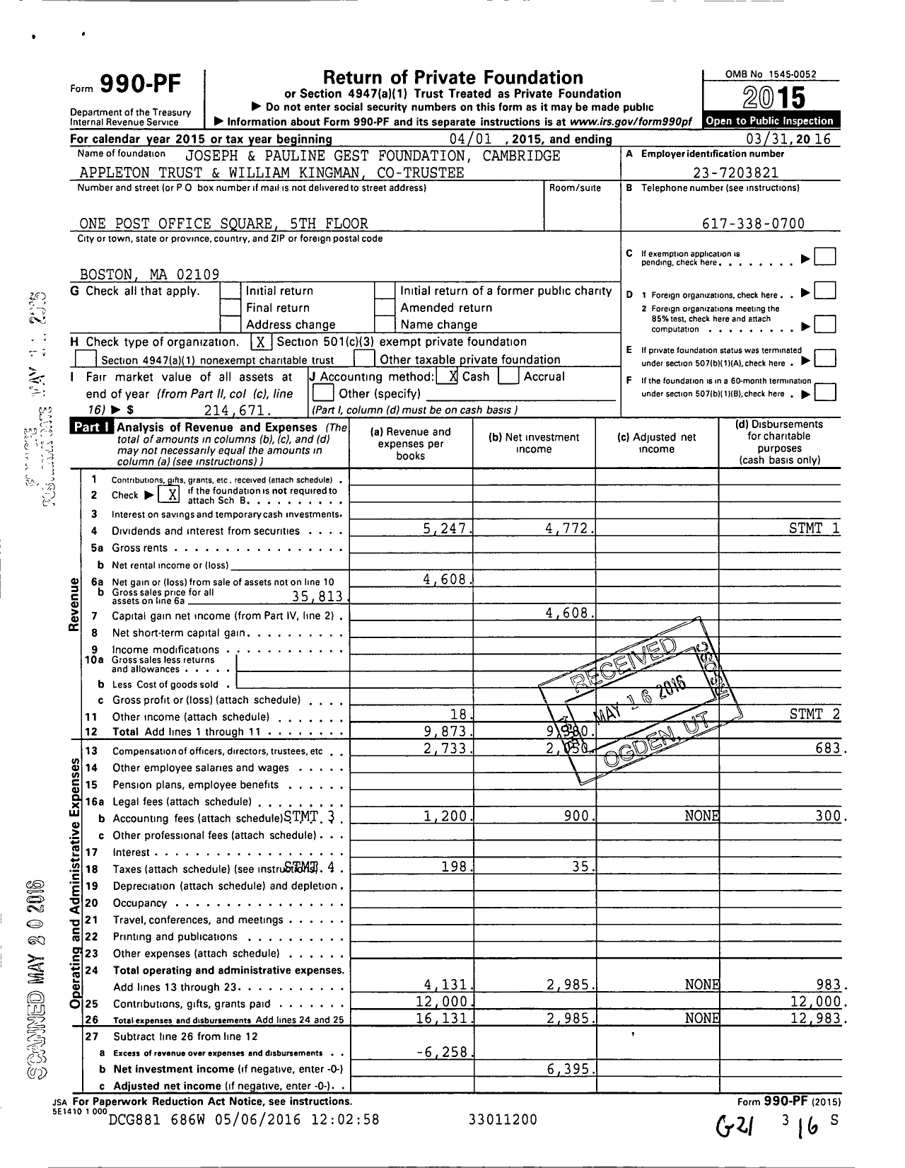 Image of first page of 2015 Form 990PF for Joseph and Pauline Gest Foundation